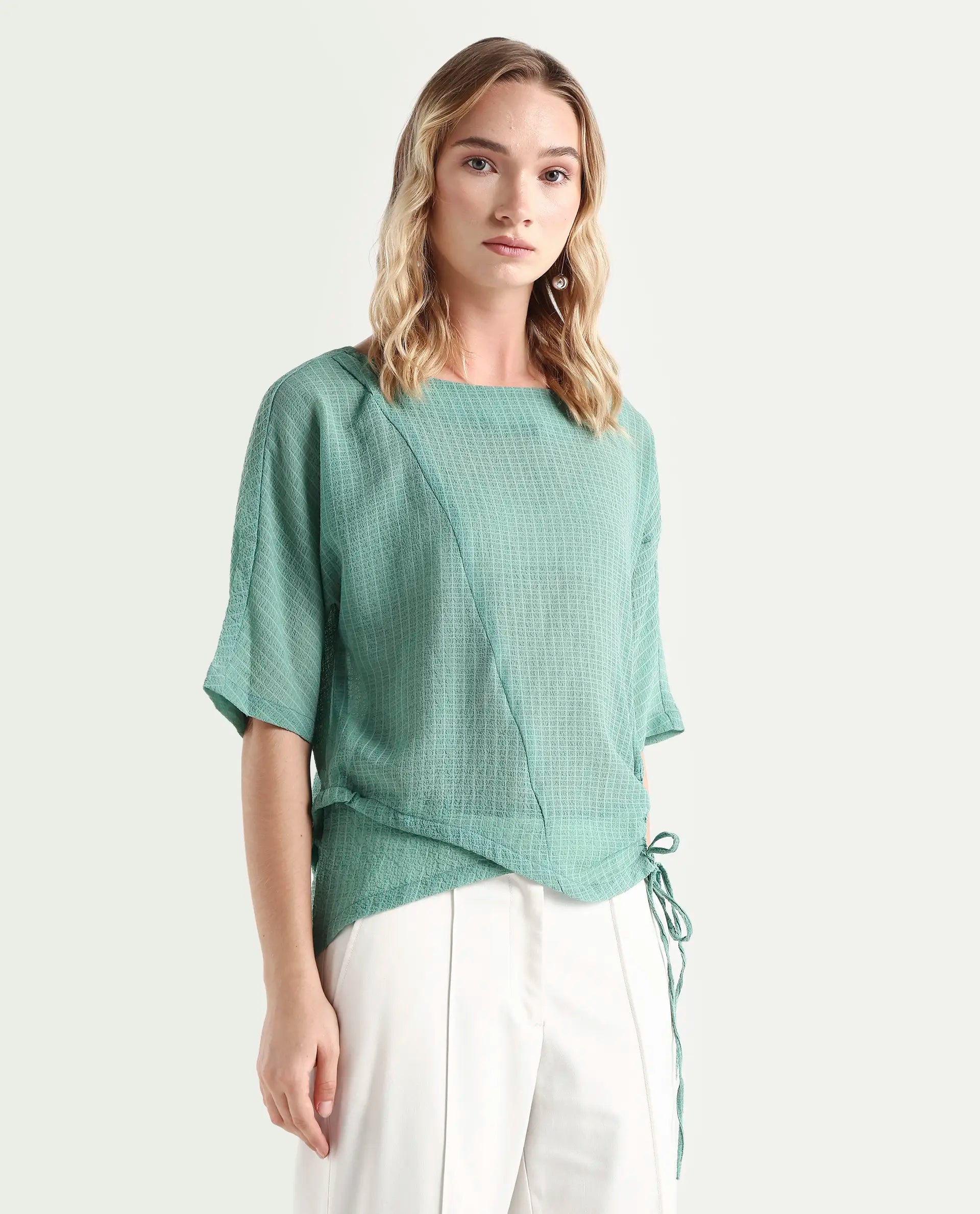 Rareism Women's Texmer Green Cotton Boat Neck Plain Regular Fit Top