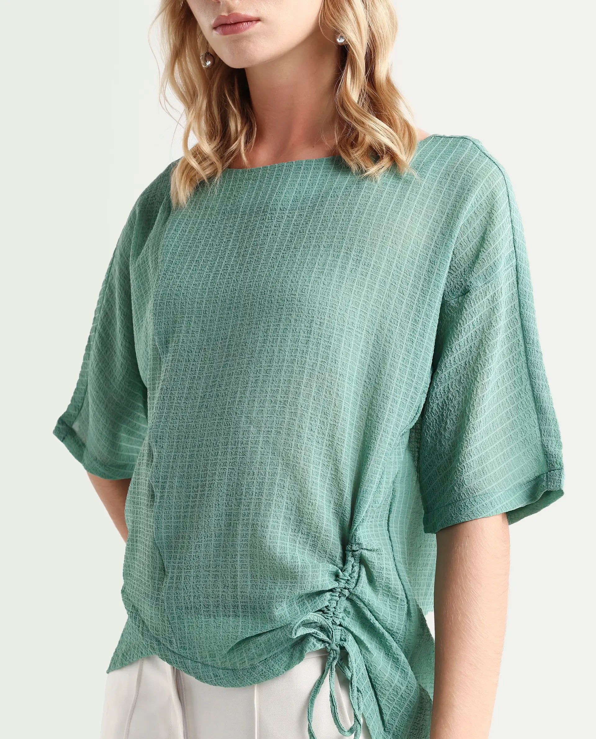 Rareism Women's Texmer Green Cotton Boat Neck Plain Regular Fit Top