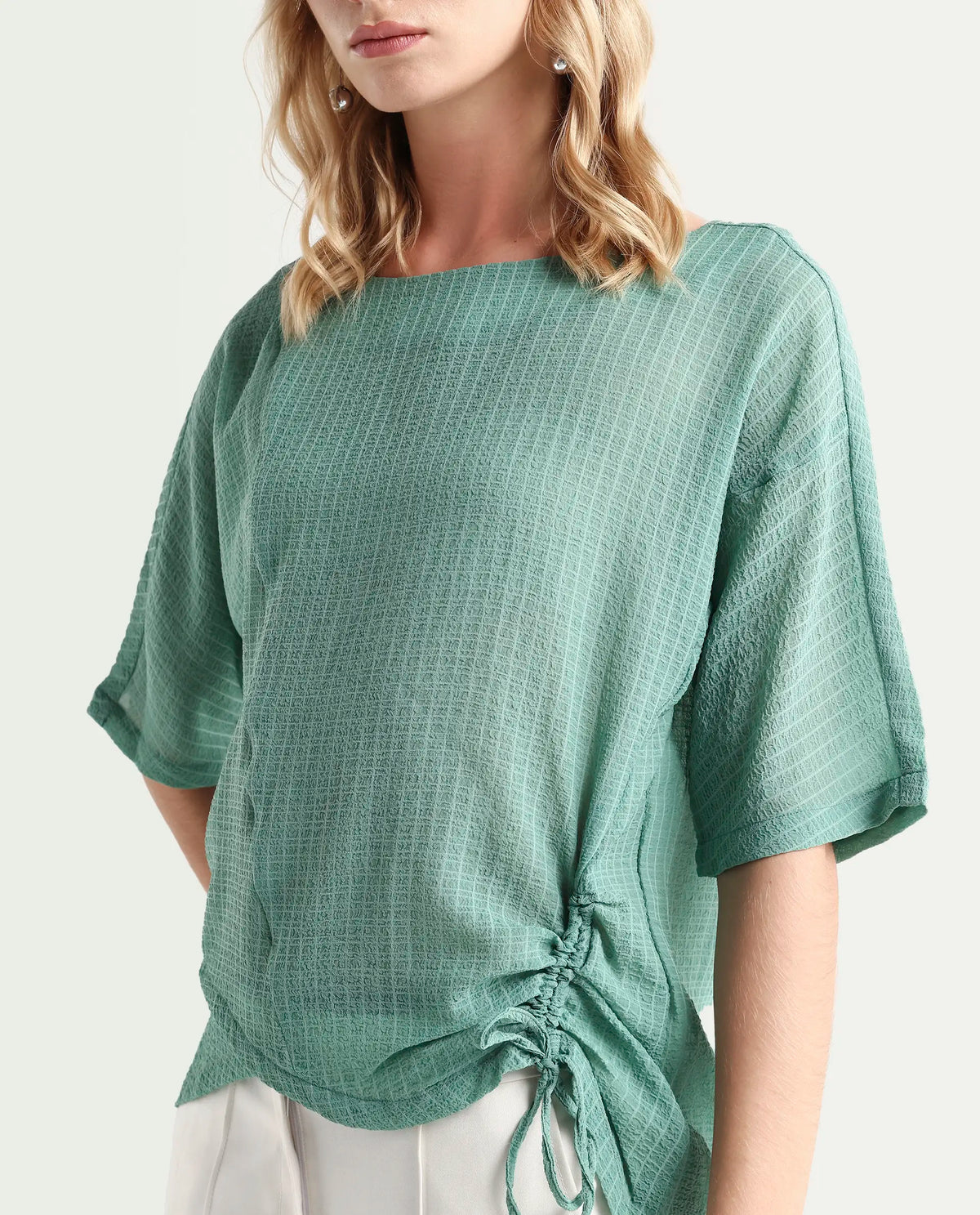 Rareism Women's Texmer Green Cotton Boat Neck Plain Regular Fit Top