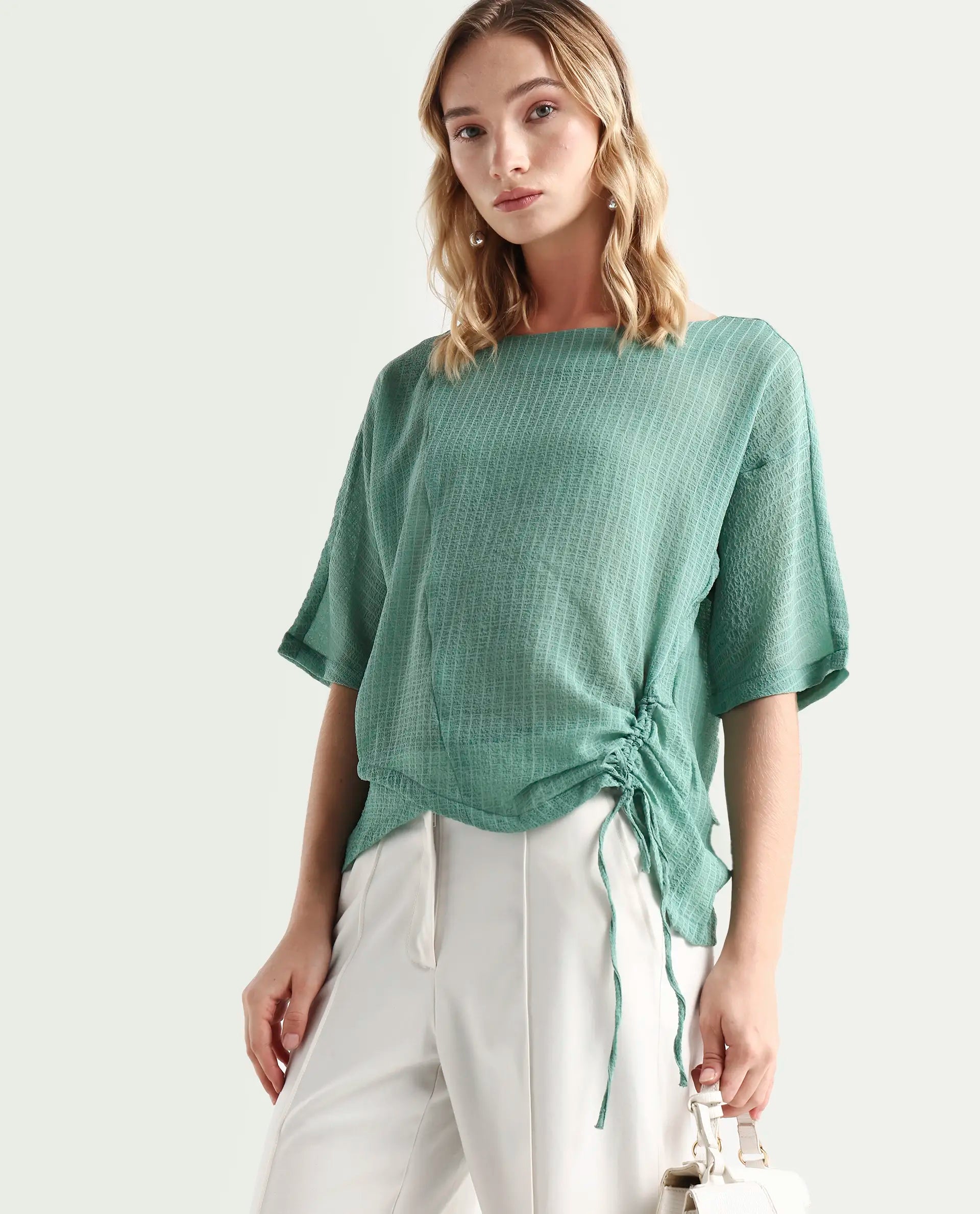 Rareism Women's Texmer Green Cotton Boat Neck Plain Regular Fit Top