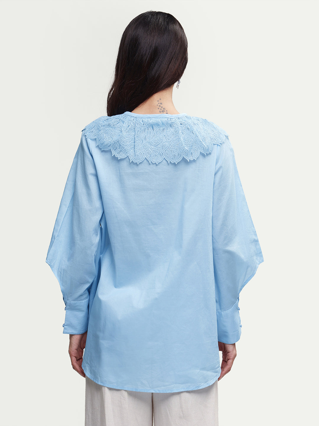 Rareism Women's Burrido Light Blue Cotton Drop Collar Plain Cuffed Sleeve Regular Fit Shirt