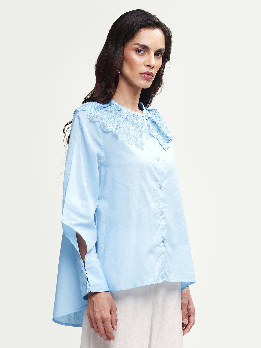 Rareism Women's Burrido Light Blue Cotton Drop Collar Plain Cuffed Sleeve Regular Fit Shirt