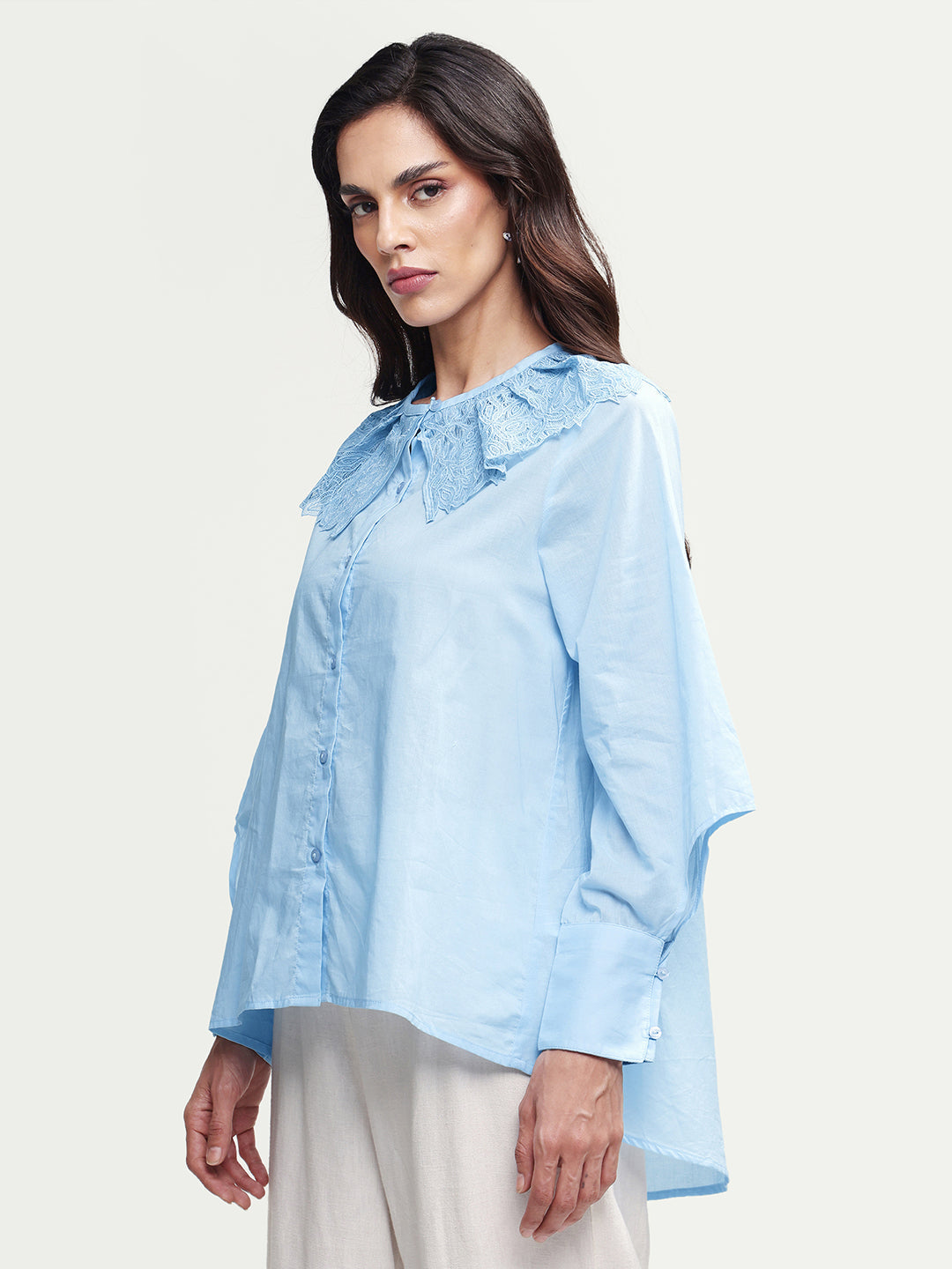 Rareism Women's Burrido Light Blue Cotton Drop Collar Plain Cuffed Sleeve Regular Fit Shirt
