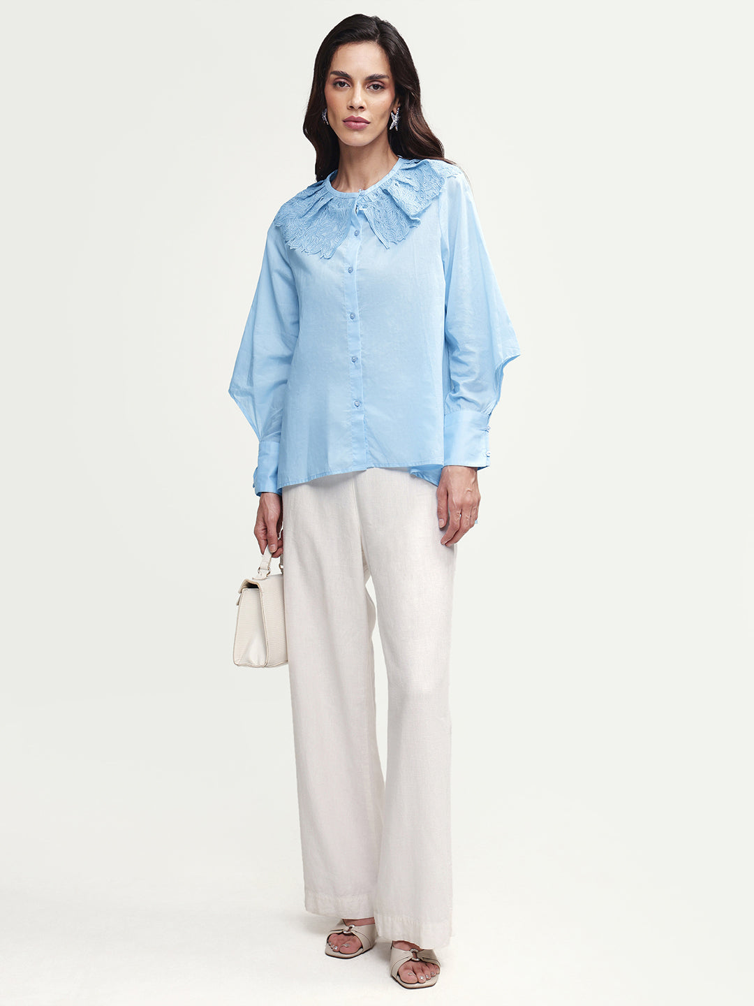 Rareism Women's Burrido Light Blue Cotton Drop Collar Plain Cuffed Sleeve Regular Fit Shirt