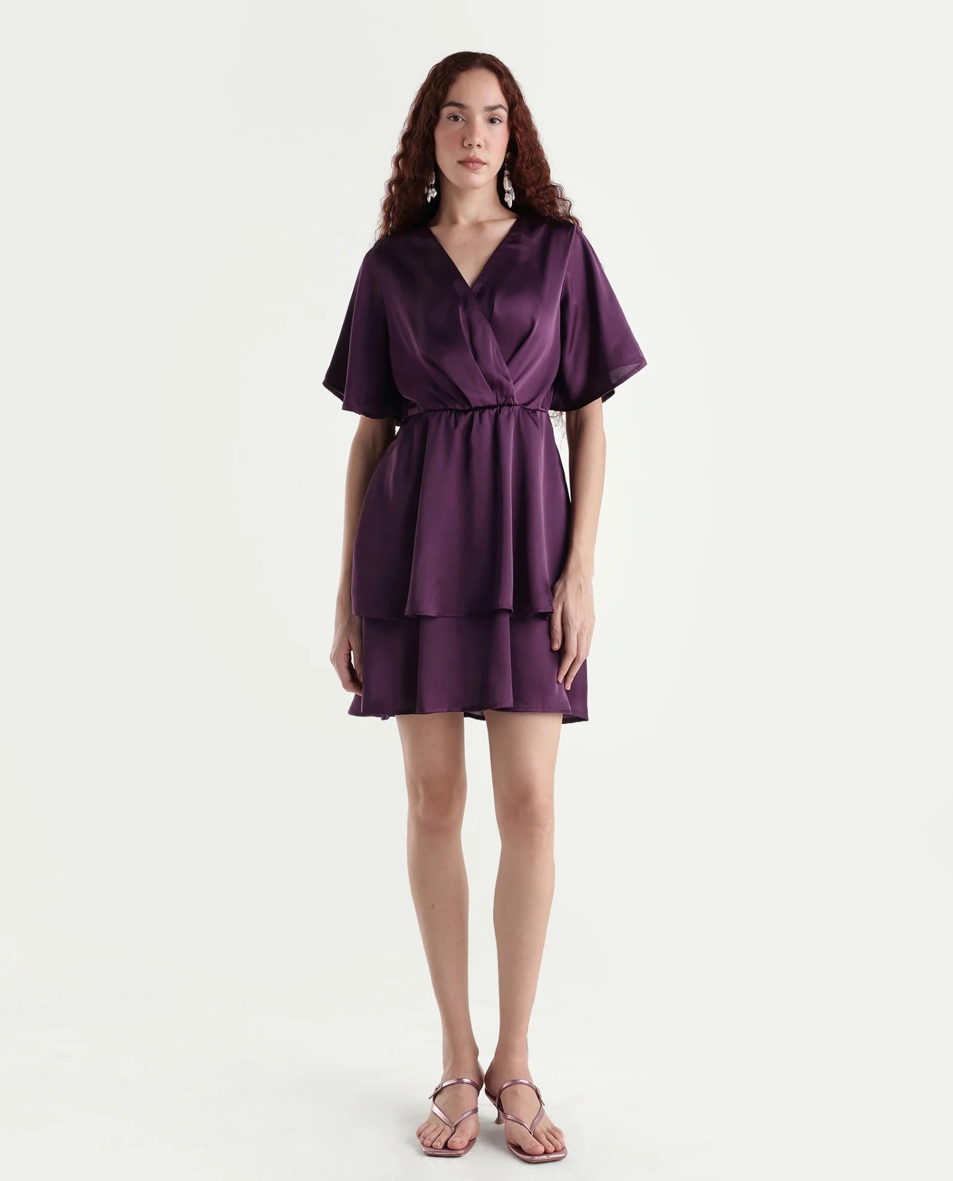 Rareism Women's Creola Dark Purple Polyester Overlap Neck Plain Mini Fit And Flare Dress