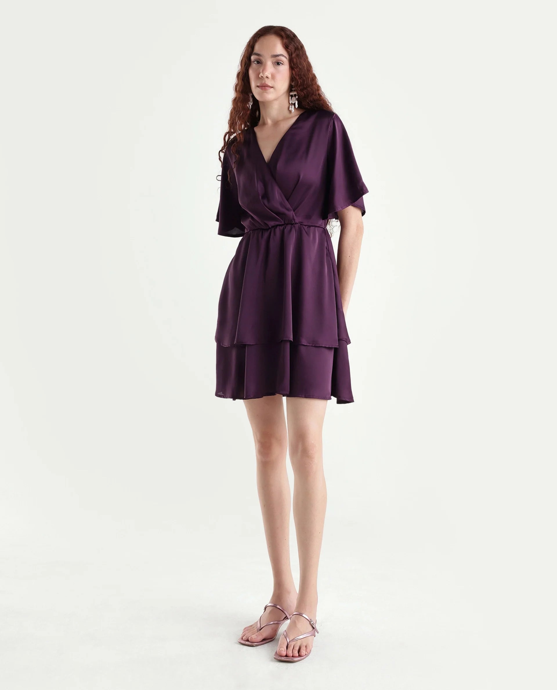 Rareism Women's Creola Dark Purple Polyester Overlap Neck Plain Mini Fit And Flare Dress