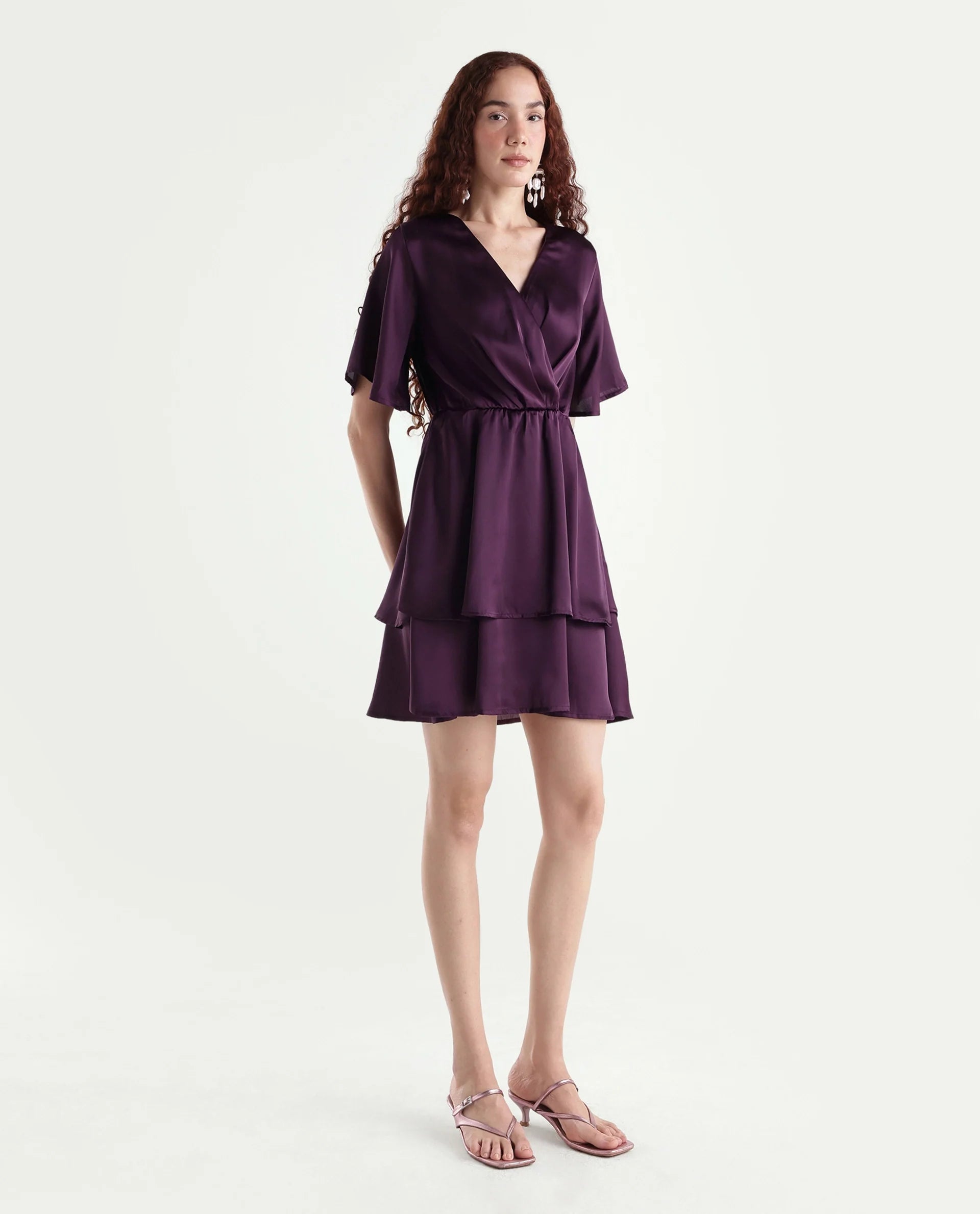 Rareism Women's Creola Dark Purple Polyester Overlap Neck Plain Mini Fit And Flare Dress