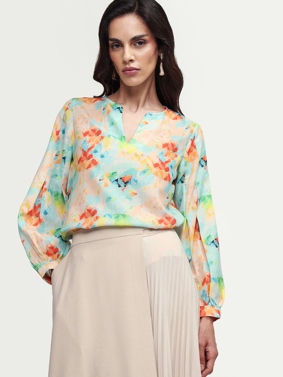 Rareism Women's Deimos Flouroscent Multi Polyester Blend V-Neck Geometric Print Bishop Sleeve Regular Fit Top