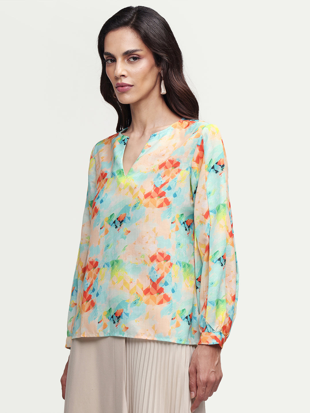 Rareism Women's Deimos Flouroscent Multi Polyester Blend V-Neck Geometric Print Bishop Sleeve Regular Fit Top
