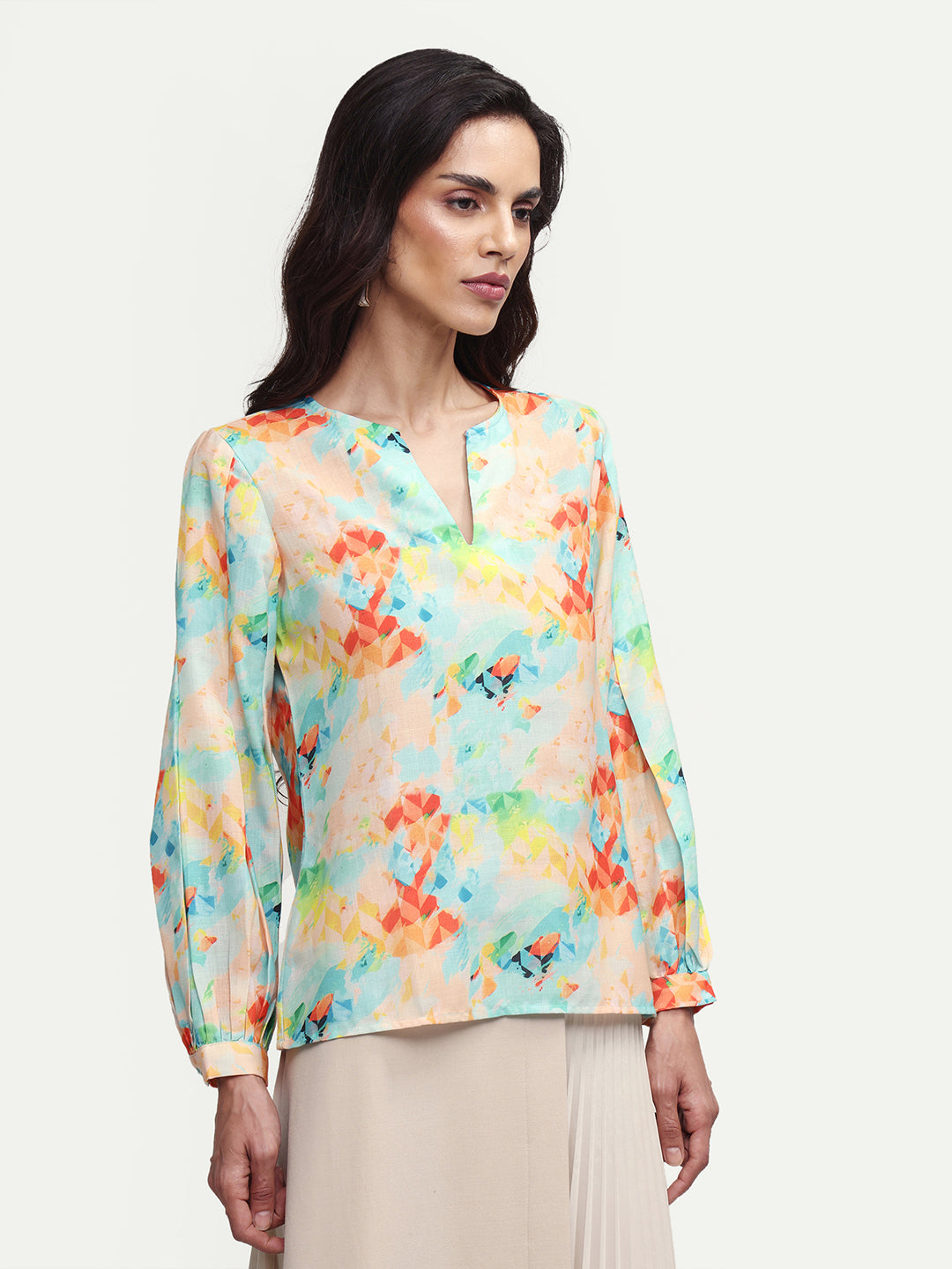 Rareism Women's Deimos Flouroscent Multi Polyester Blend V-Neck Geometric Print Bishop Sleeve Regular Fit Top
