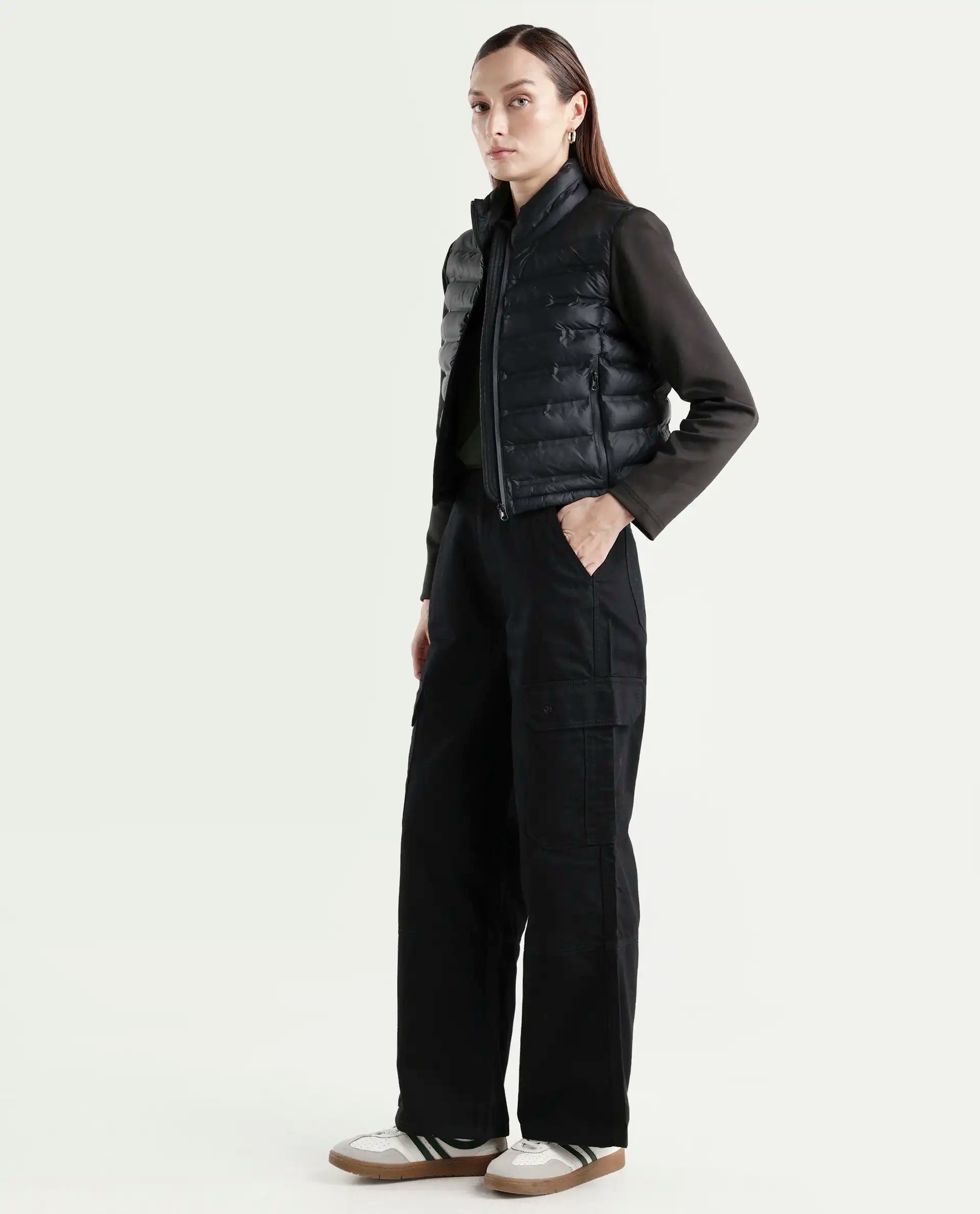 Rareism Women's Itsiz Black Cotton Plain Ankle Length Wide Trouser