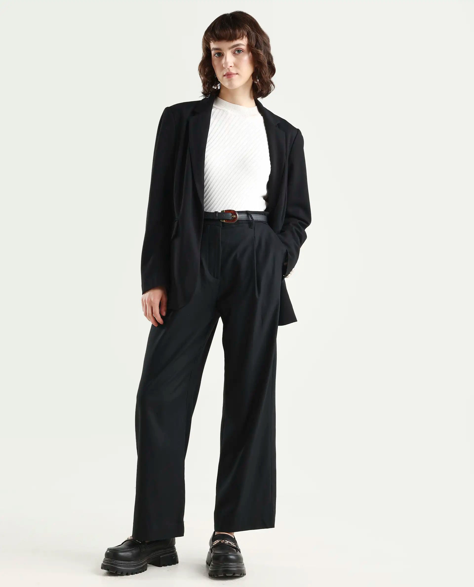 Rareism Women's Nuray Black Cotton Blend Plain Ankle Length Straight Fit Trouser