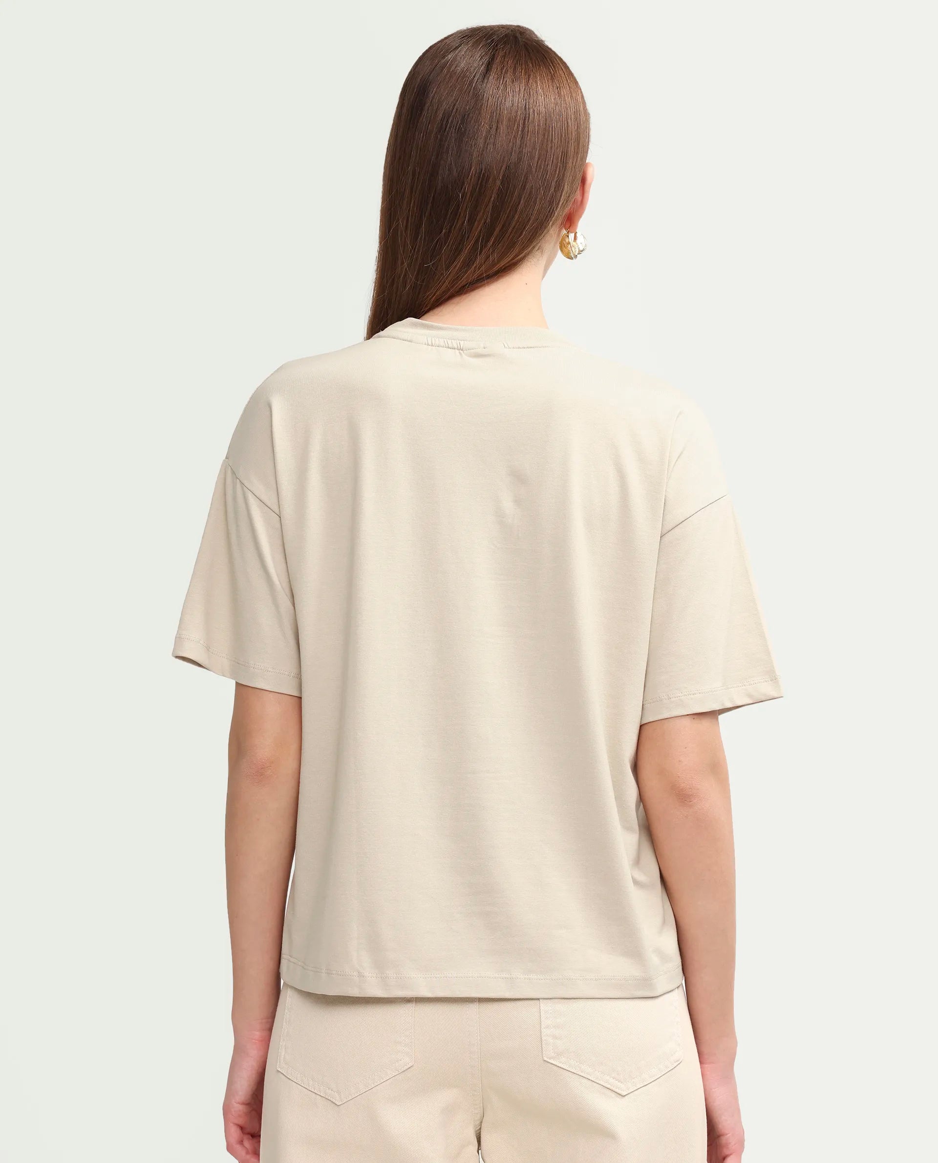 Rareism Women's Pront Beige Cotton Blend Crew Neck Floral Print Boxy Fit T-Shirt