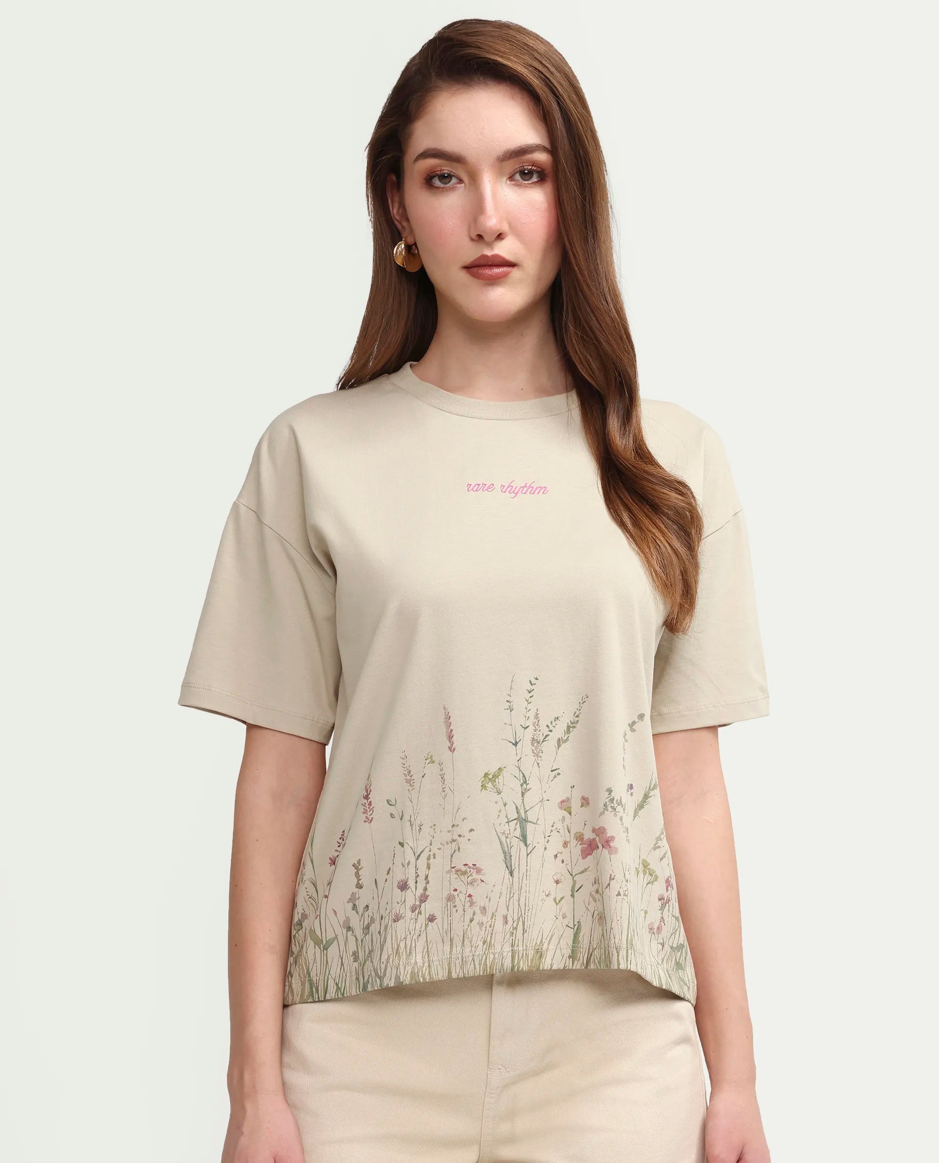 Rareism Women's Pront Beige Cotton Blend Crew Neck Floral Print Boxy Fit T-Shirt
