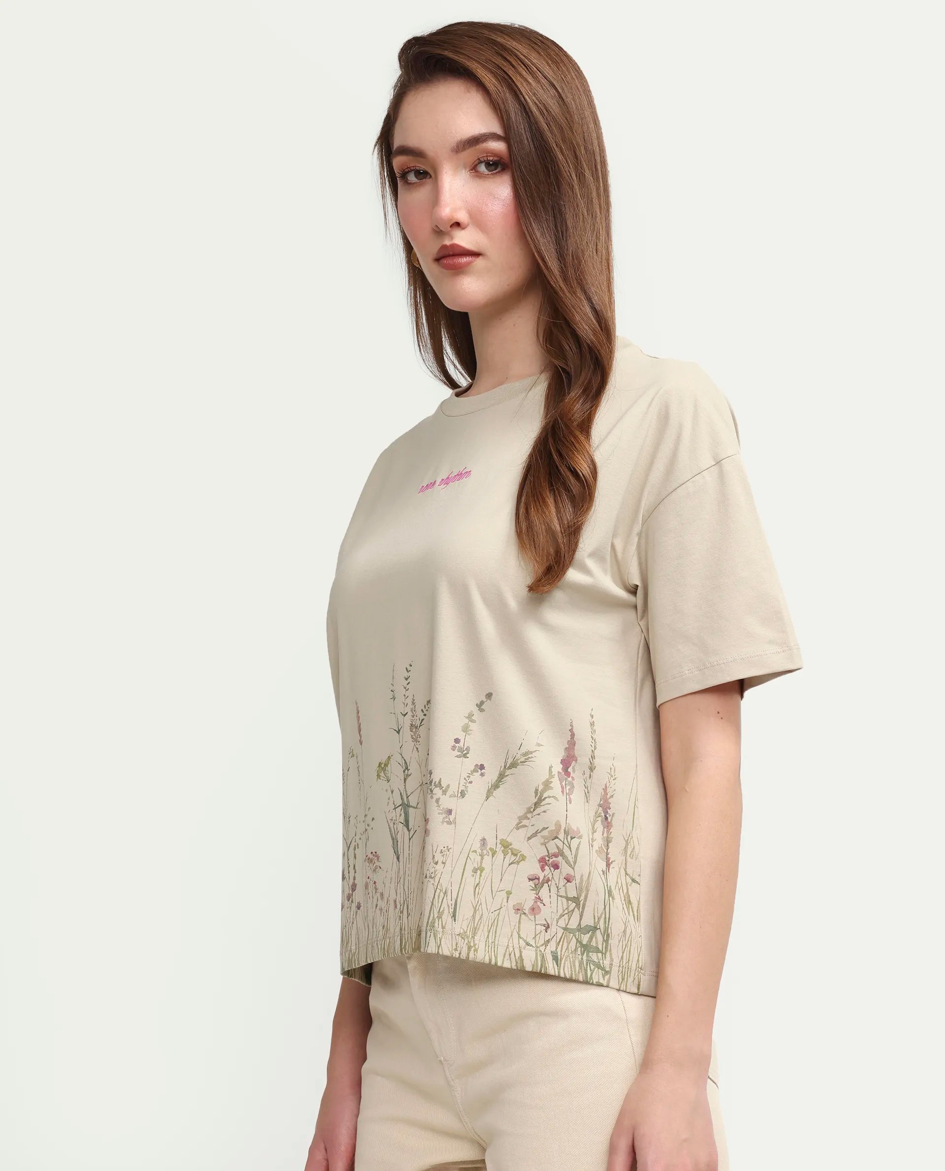 Rareism Women's Pront Beige Cotton Blend Crew Neck Floral Print Boxy Fit T-Shirt