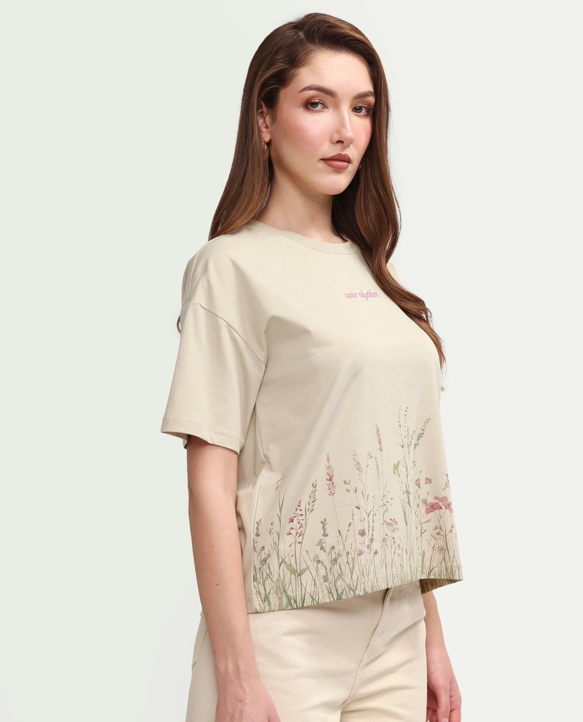 Rareism Women's Pront Beige Cotton Blend Crew Neck Floral Print Boxy Fit T-Shirt