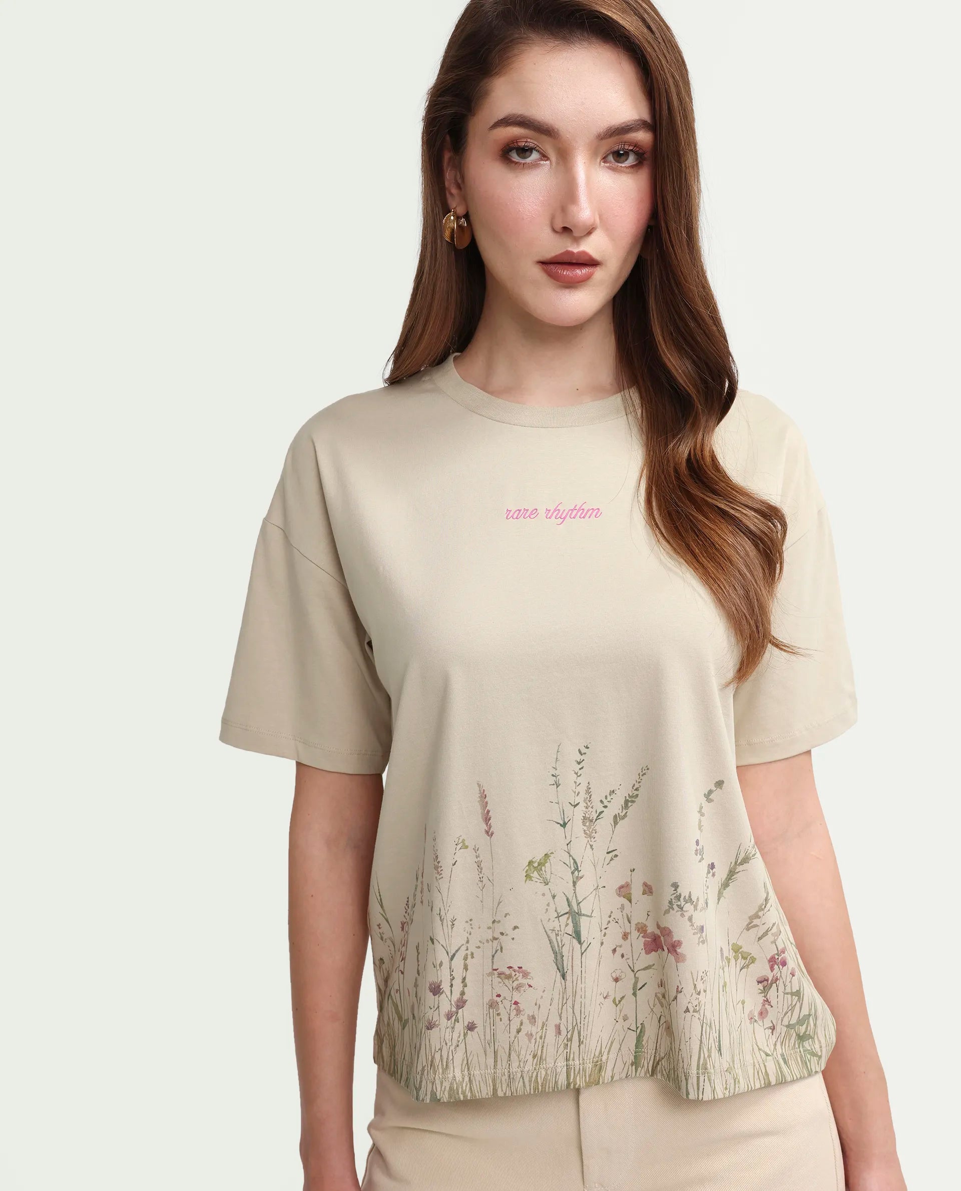 Rareism Women's Pront Beige Cotton Blend Crew Neck Floral Print Boxy Fit T-Shirt