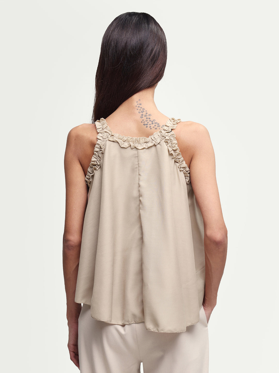 Rareism Women's Epave Beige Viscose V-Neck Plain Sleeveless Relaxed Fit Top