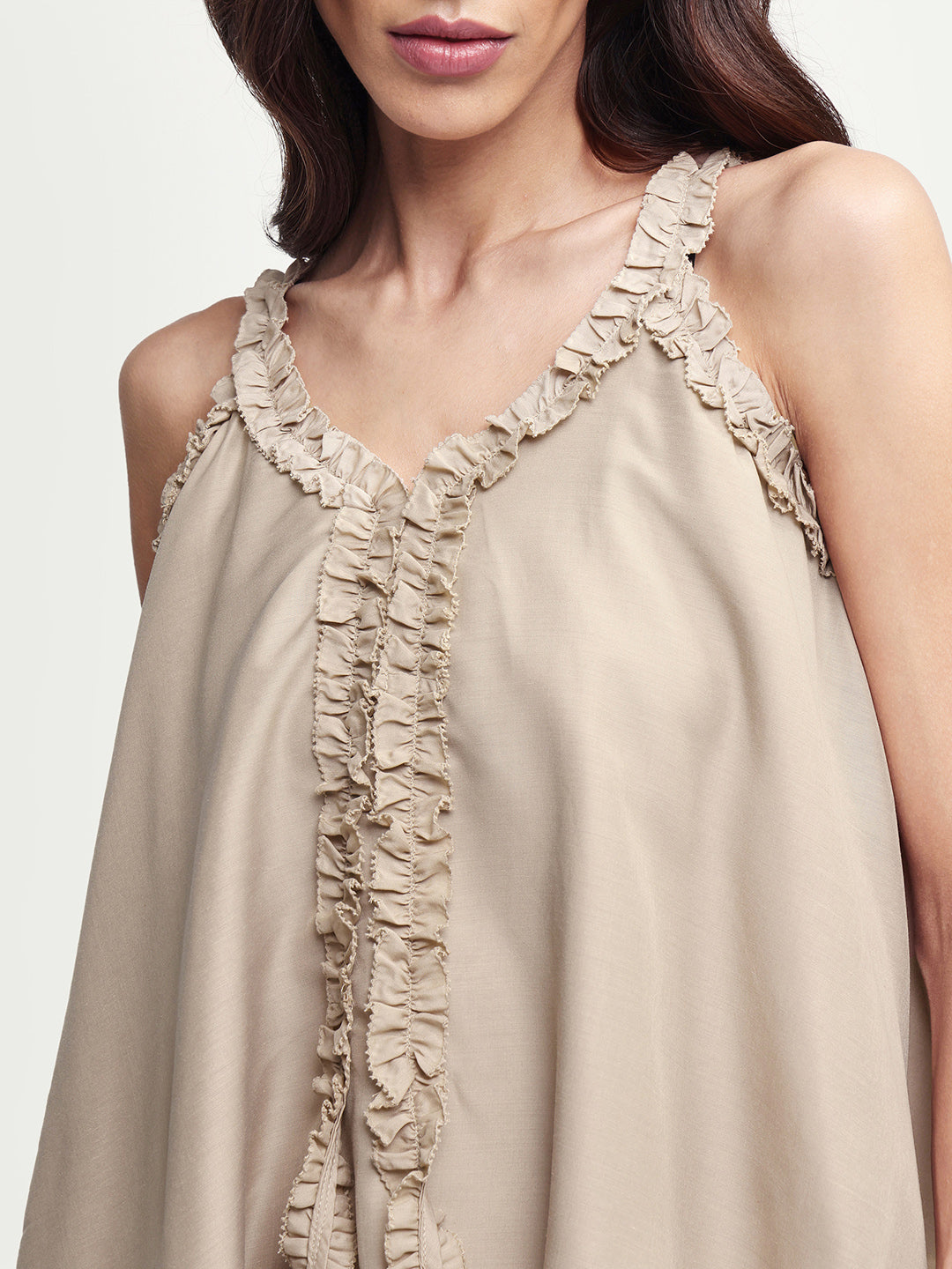 Rareism Women's Epave Beige Viscose V-Neck Plain Sleeveless Relaxed Fit Top