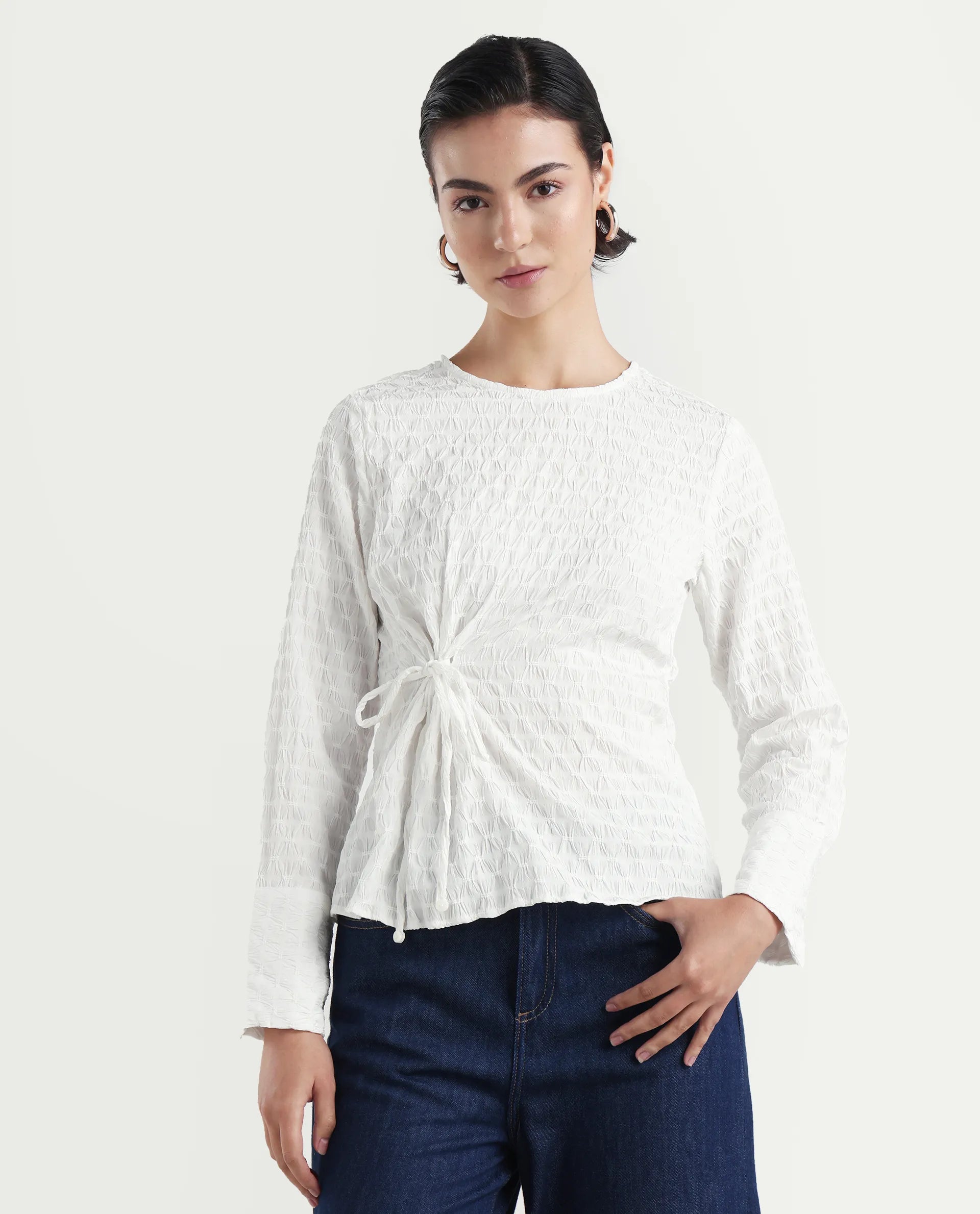 Rareism Women's Kiop White Polyester Crew Neck Plain Cuffed Sleeve Regular Fit Top