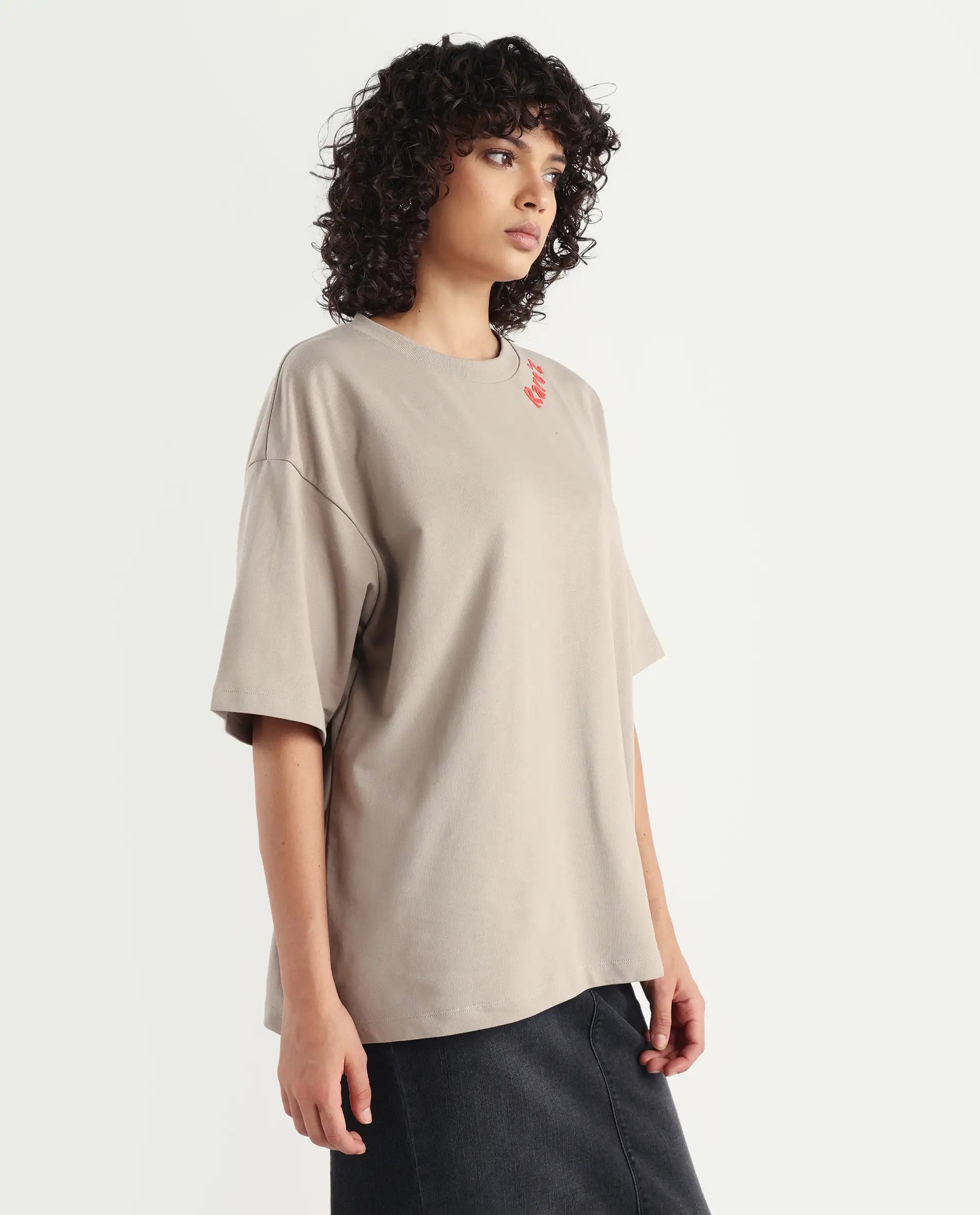 Rareism Women's Qlax Beige Cotton Graphic Print Oversized T-Shirt
