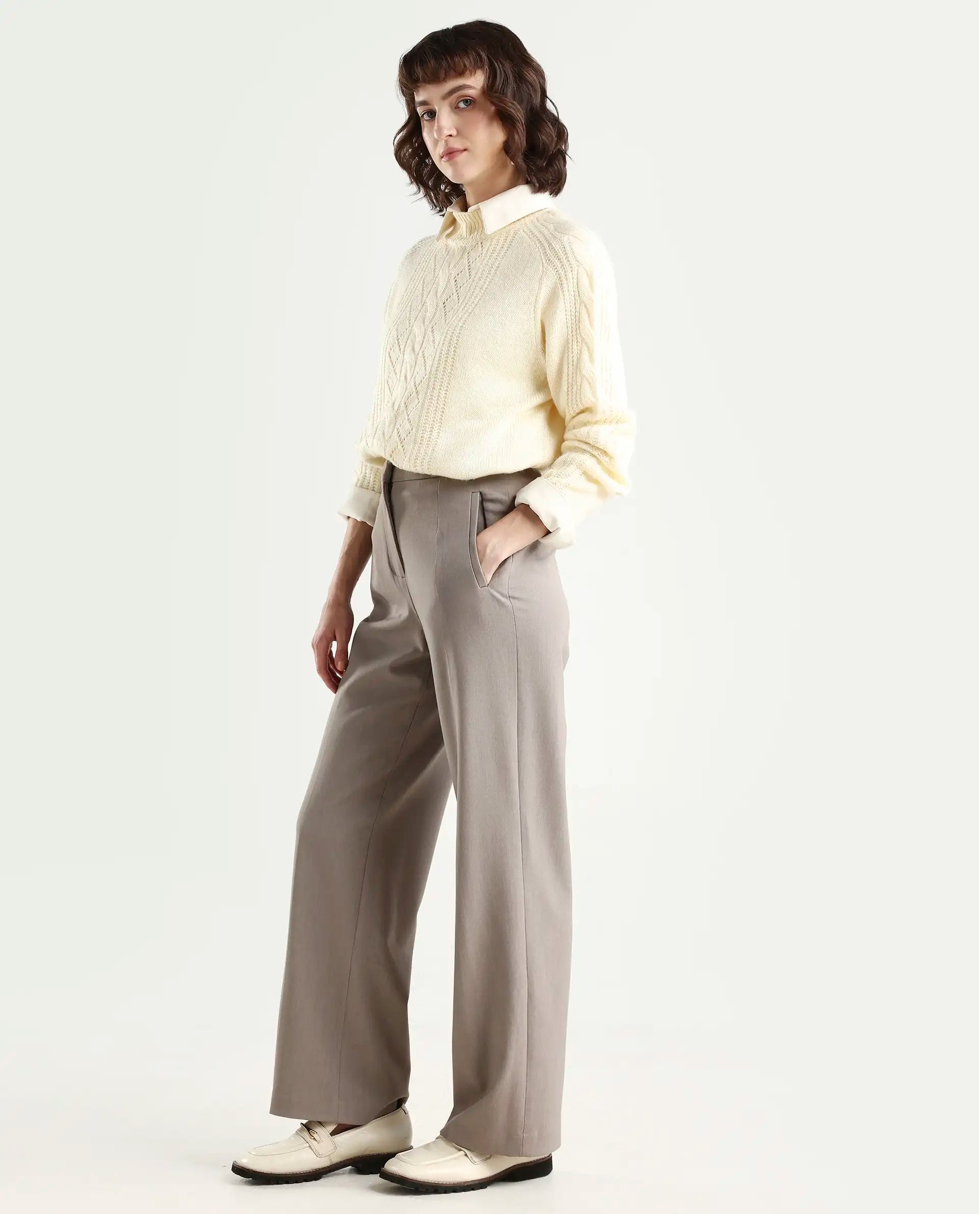 Rareism Women's Srait Fawn Polyester Blend Straight Fit Travel Trouser