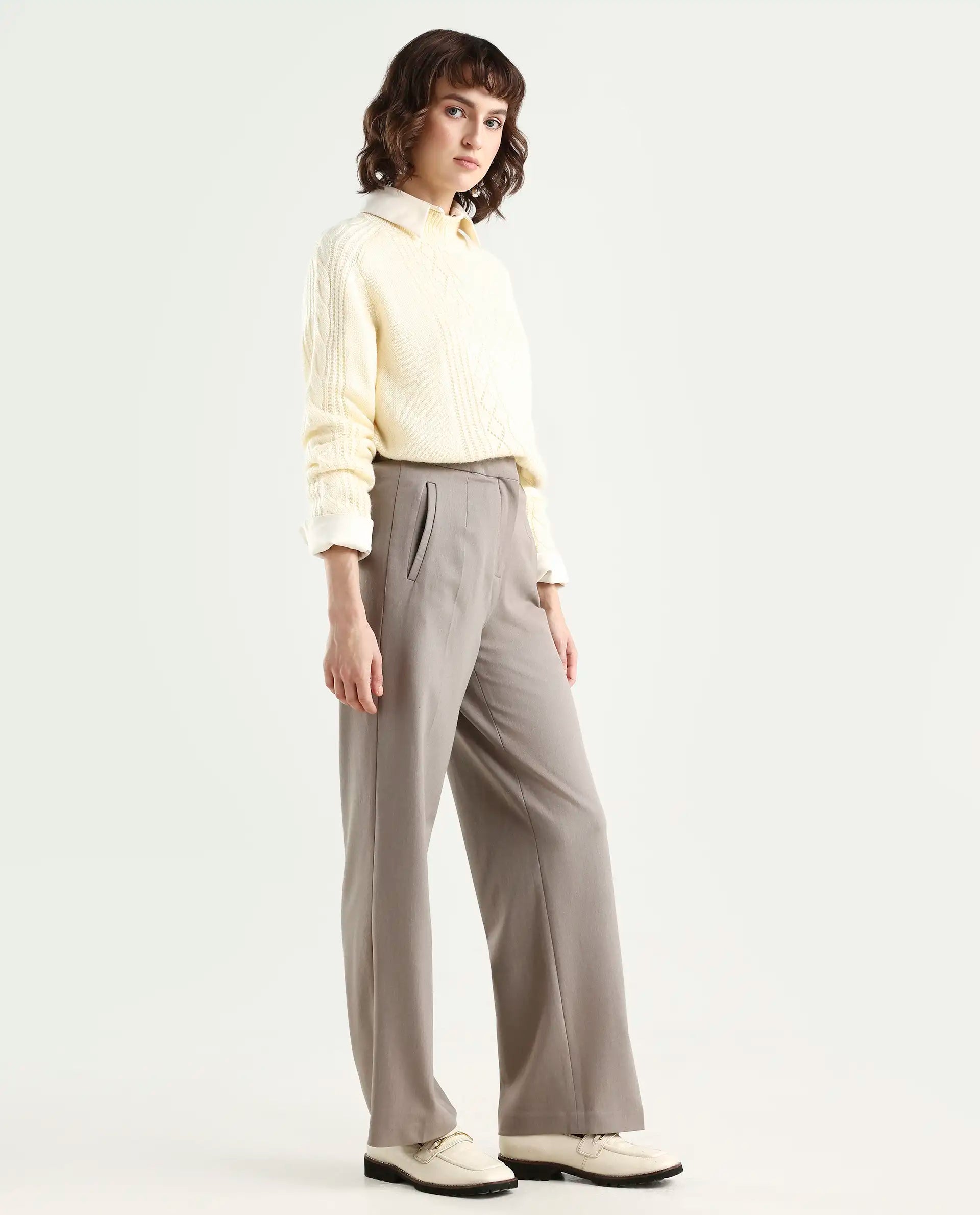 Rareism Women's Srait Fawn Polyester Blend Straight Fit Travel Trouser