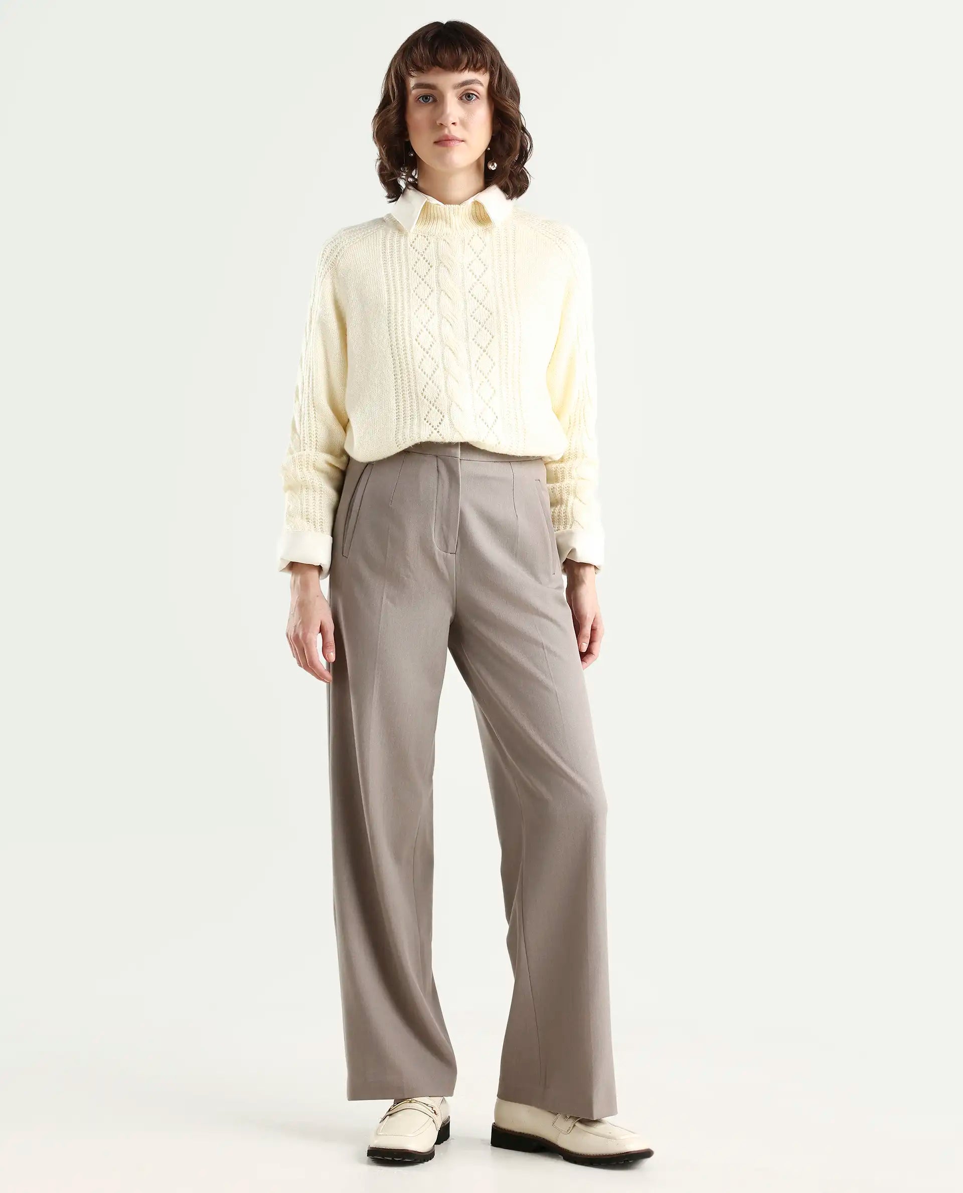 Rareism Women's Srait Fawn Polyester Blend Straight Fit Travel Trouser