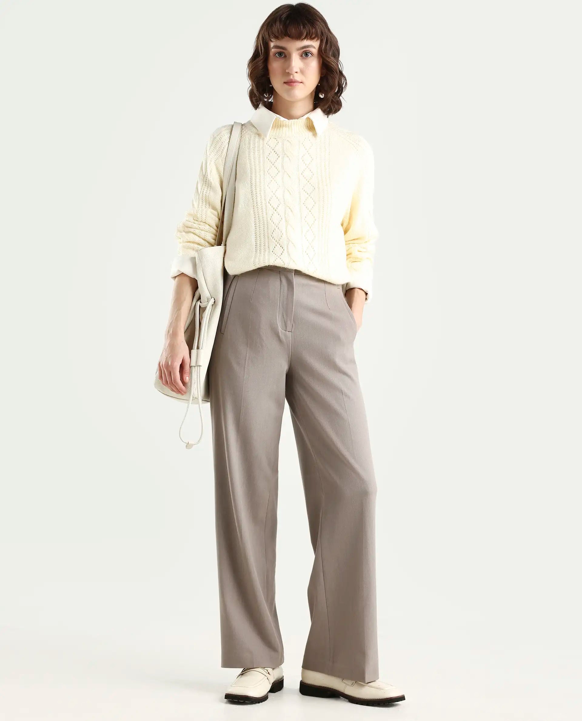 Rareism Women's Srait Fawn Polyester Blend Straight Fit Travel Trouser