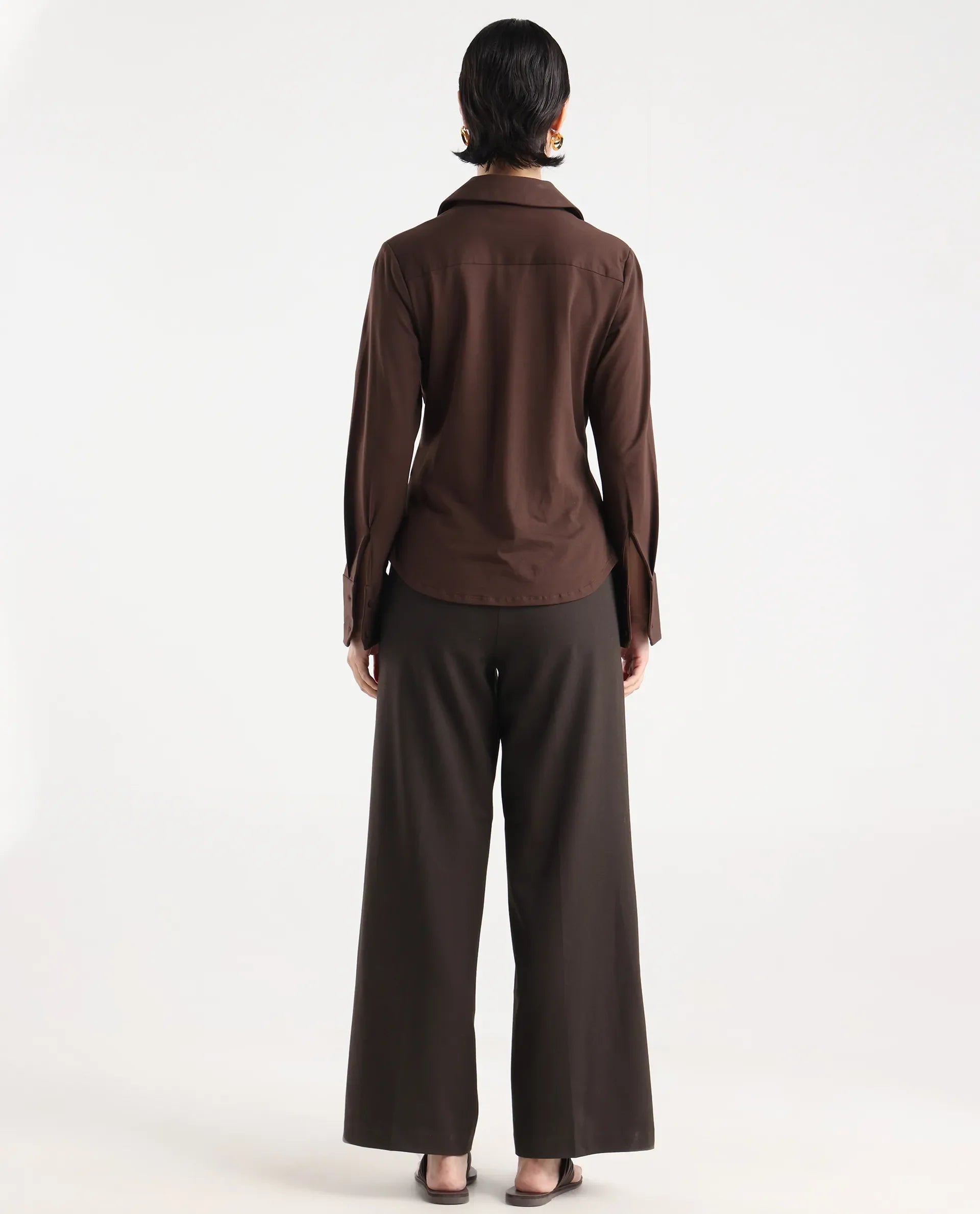 Rareism Women Wido Dark Brown Polyester Blend Button Wide Leg Fit Plain Travel Trouser
