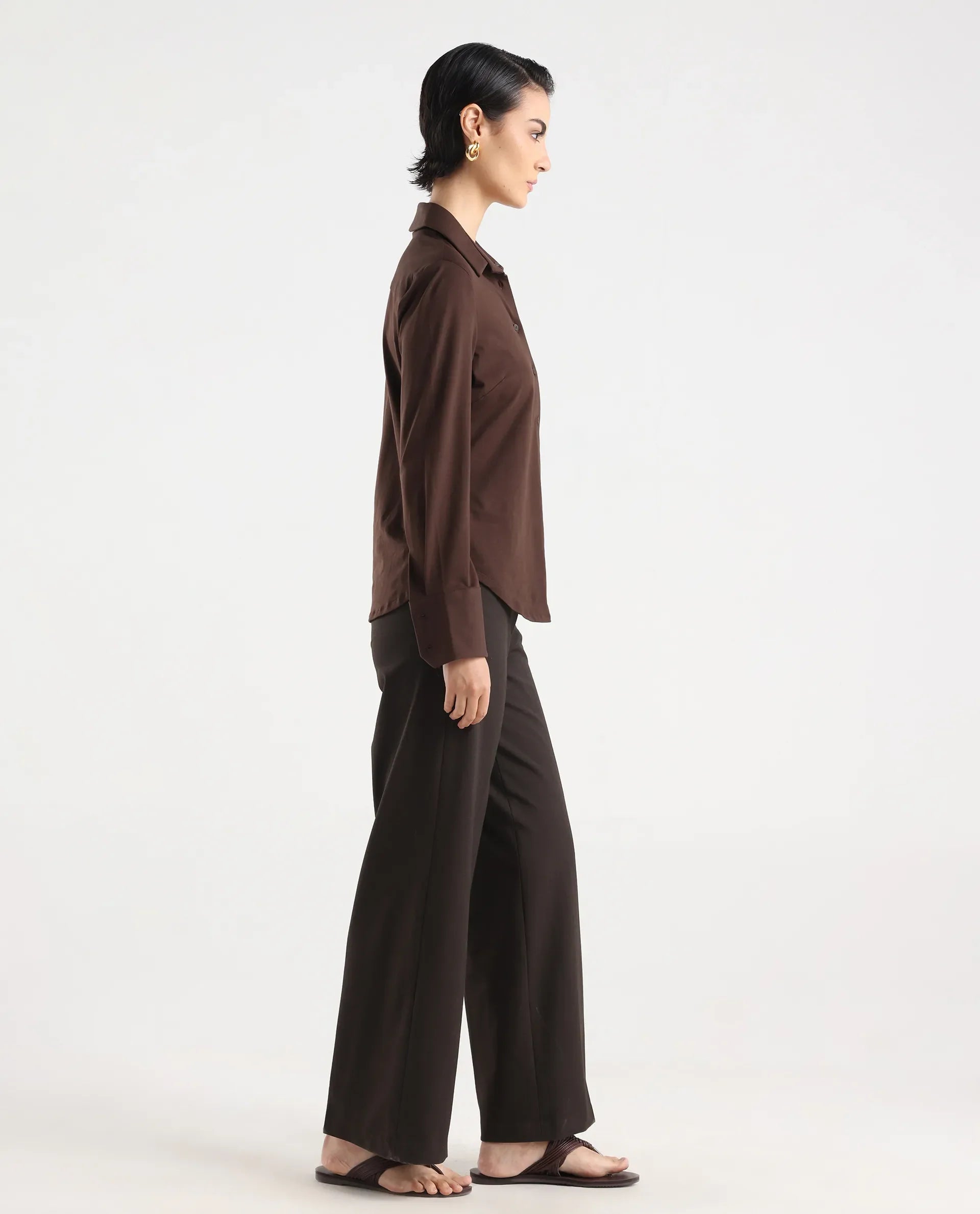 Rareism Women Wido Dark Brown Polyester Blend Button Wide Leg Fit Plain Travel Trouser