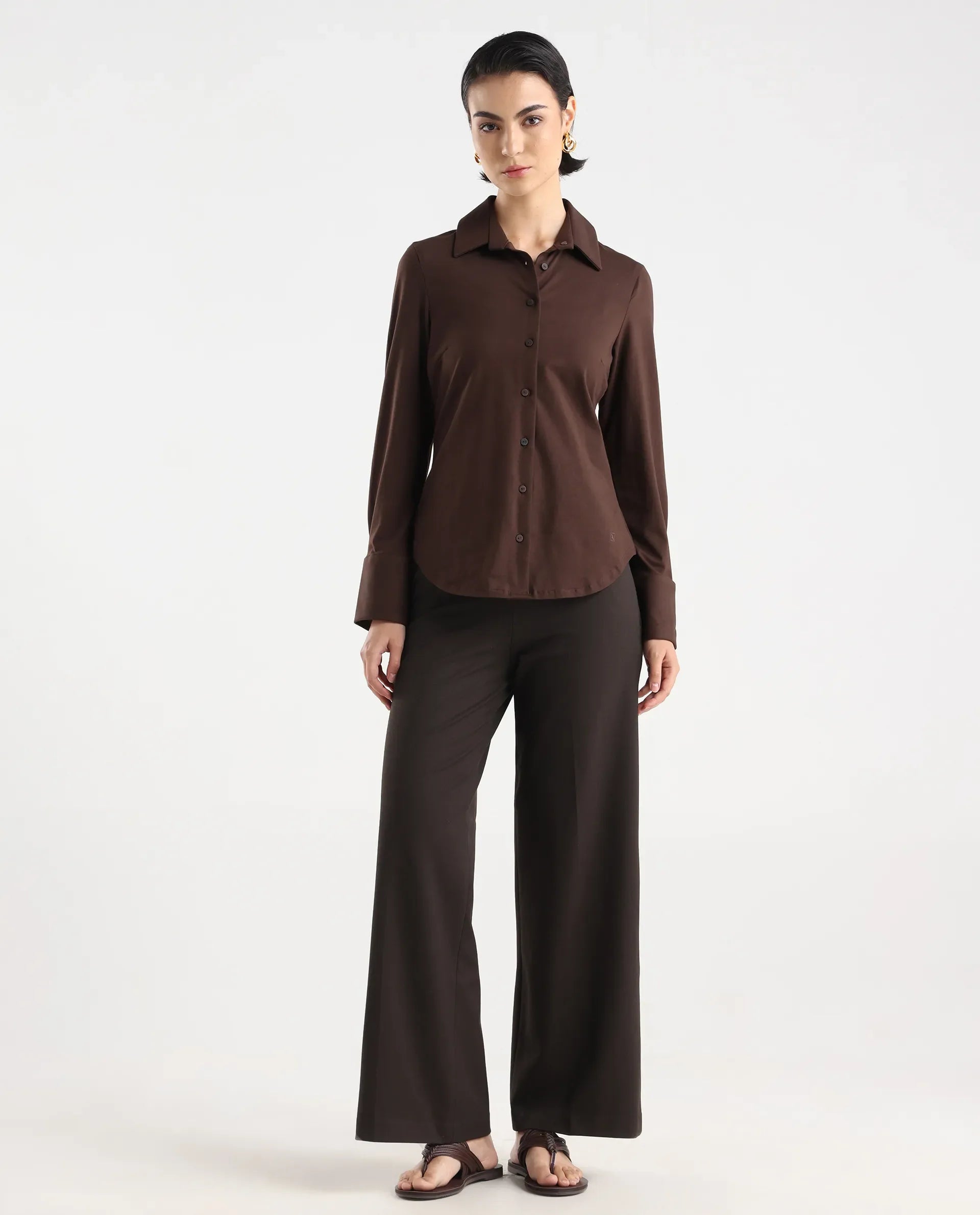 Rareism Women Wido Dark Brown Polyester Blend Button Wide Leg Fit Plain Travel Trouser