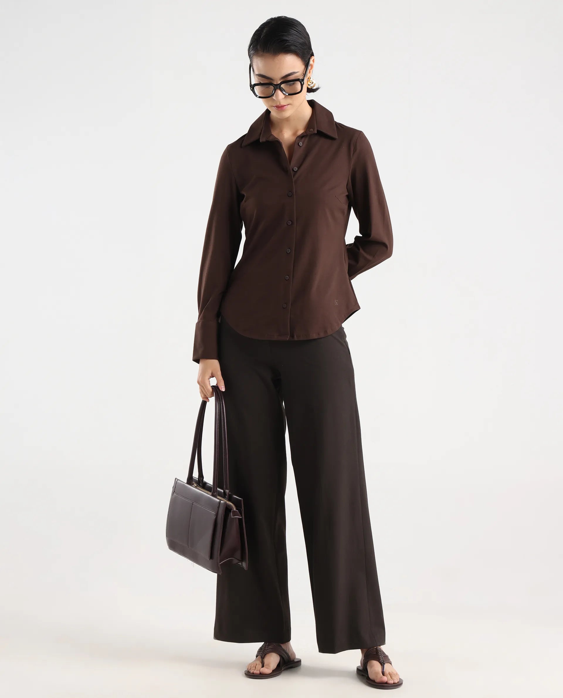 Rareism Women Wido Dark Brown Polyester Blend Button Wide Leg Fit Plain Travel Trouser