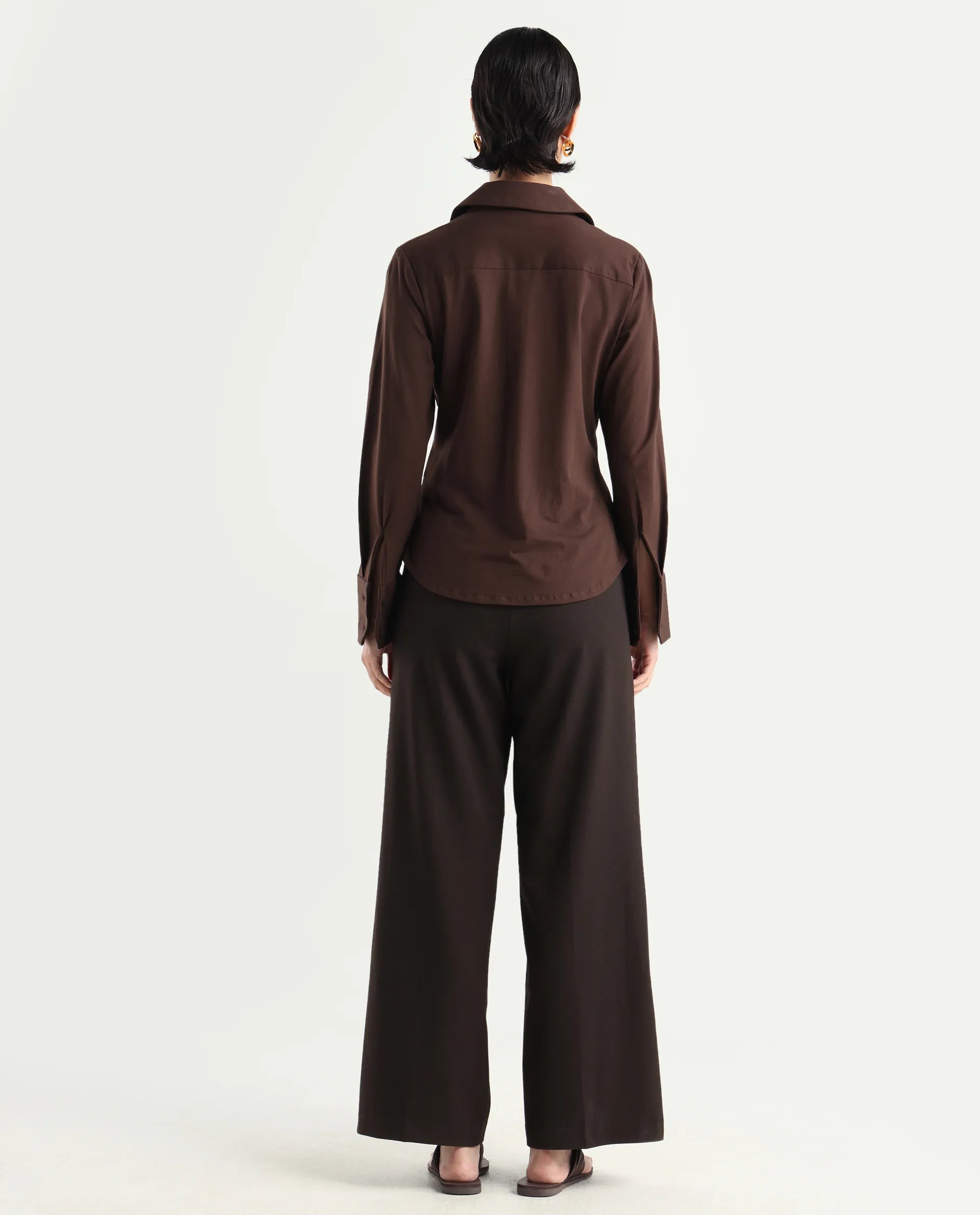 Rareism Women Wido Dark Brown Polyester Blend Button Wide Leg Fit Plain Travel Trouser