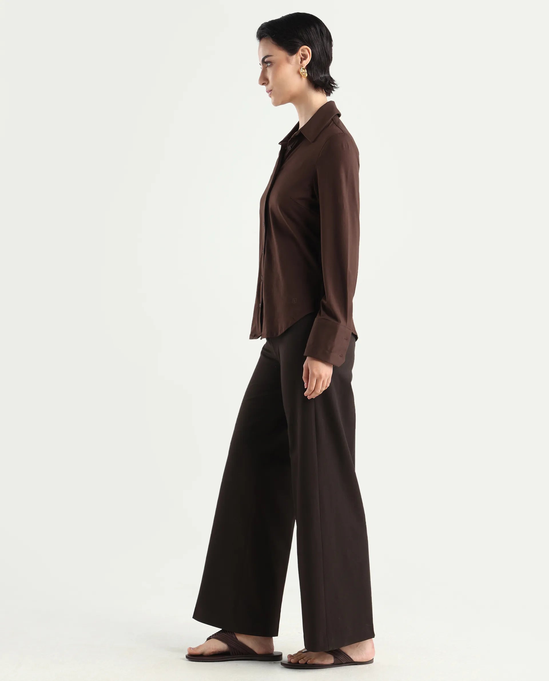 Rareism Women Wido Dark Brown Polyester Blend Button Wide Leg Fit Plain Travel Trouser