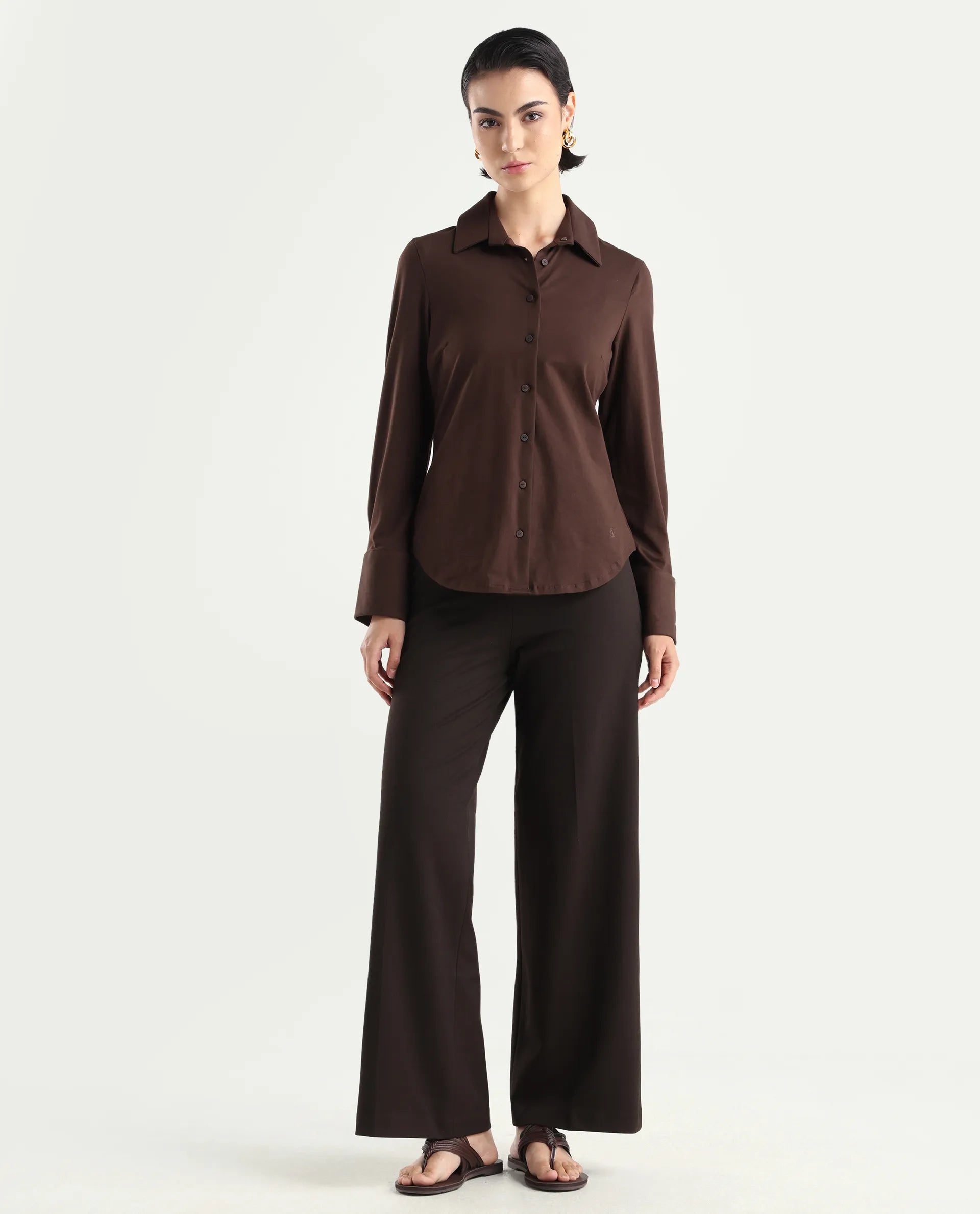 Rareism Women Wido Dark Brown Polyester Blend Button Wide Leg Fit Plain Travel Trouser