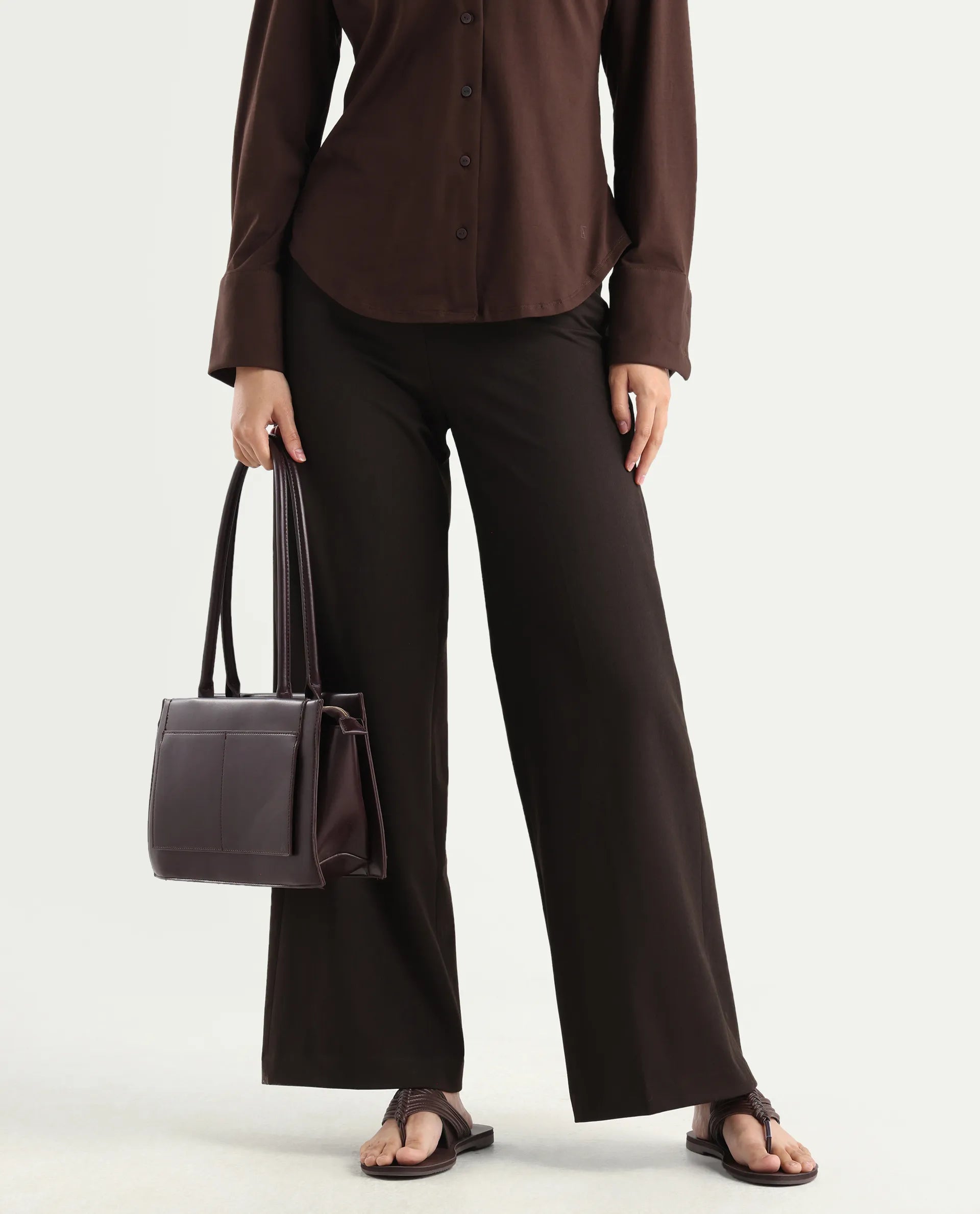 Rareism Women Wido Dark Brown Polyester Blend Button Wide Leg Fit Plain Travel Trouser