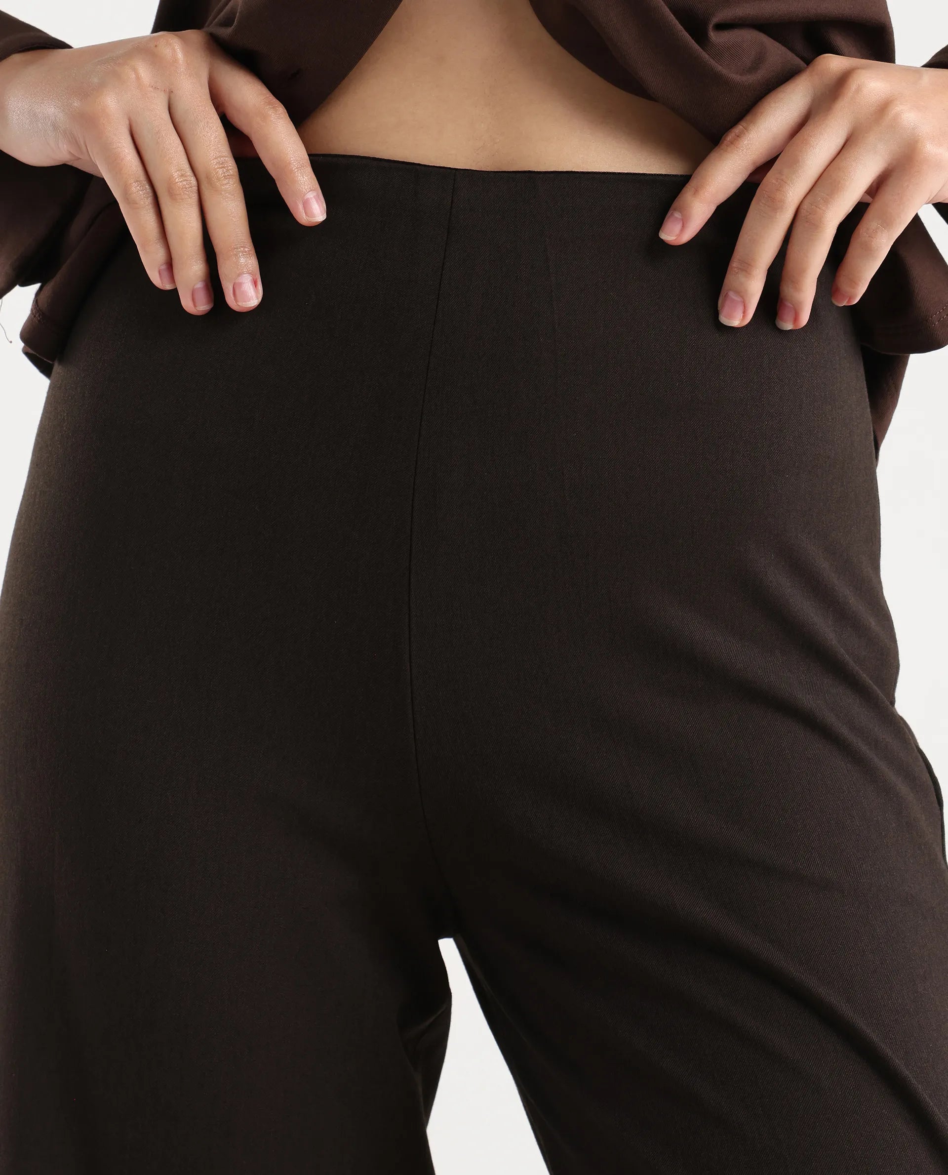 Rareism Women Wido Dark Brown Polyester Blend Button Wide Leg Fit Plain Travel Trouser