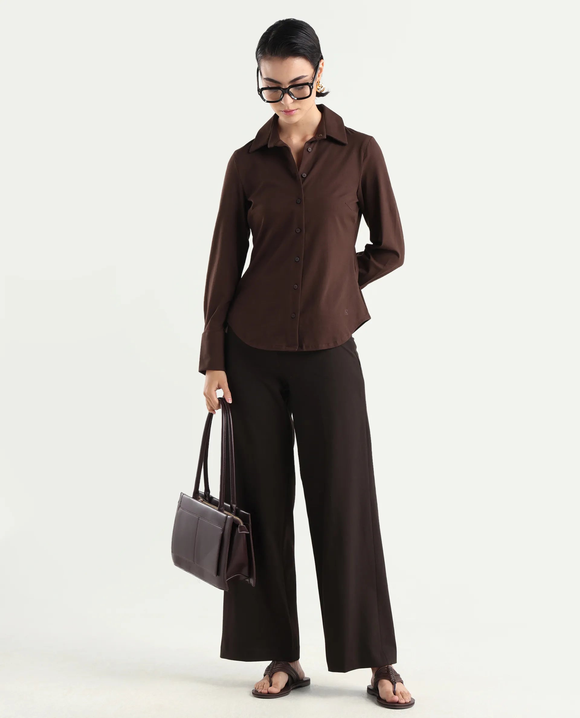 Rareism Women Wido Dark Brown Polyester Blend Button Wide Leg Fit Plain Travel Trouser