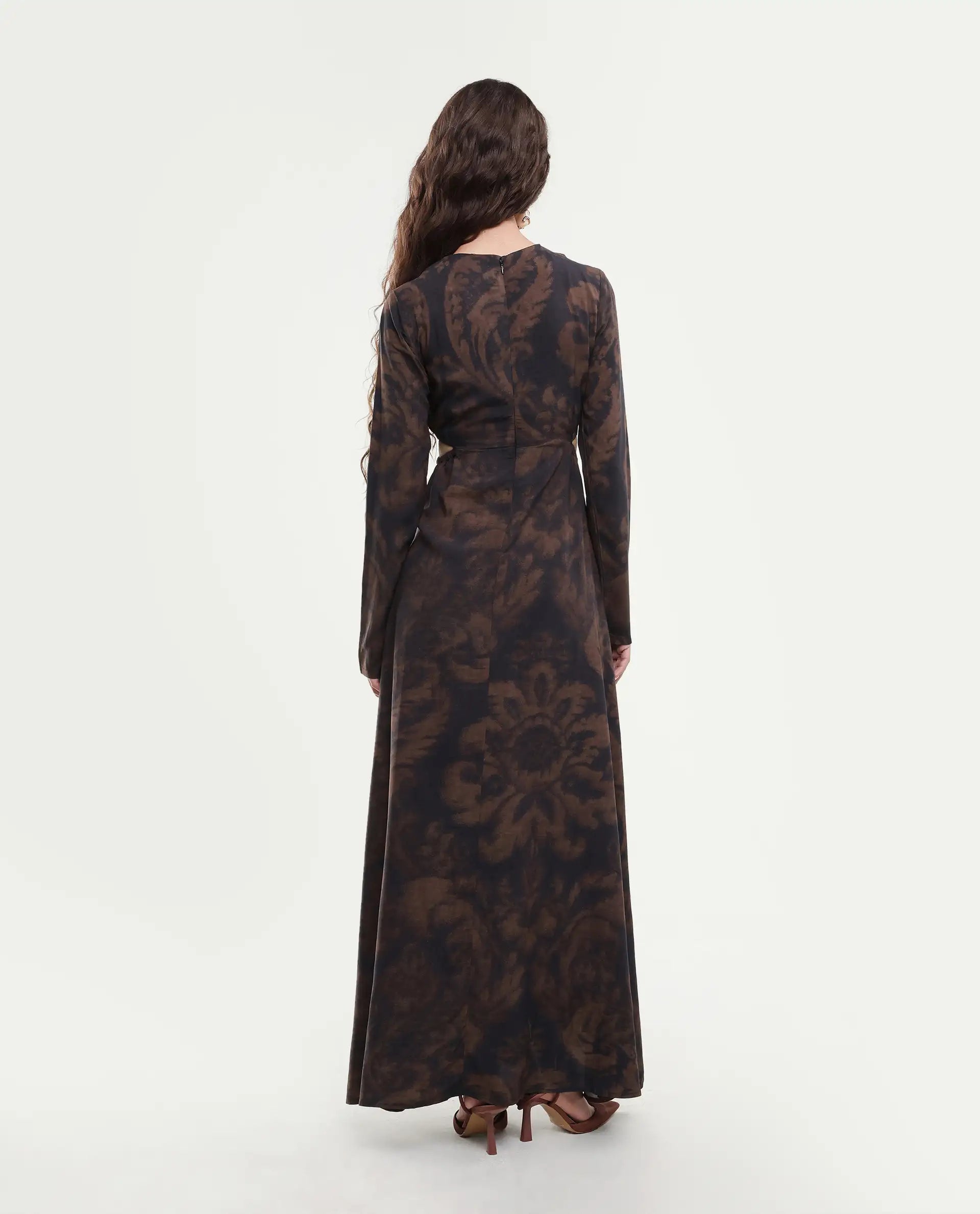 Rareism Women's Azor Dark Brown Viscose Fit & Flare Maxi Dress