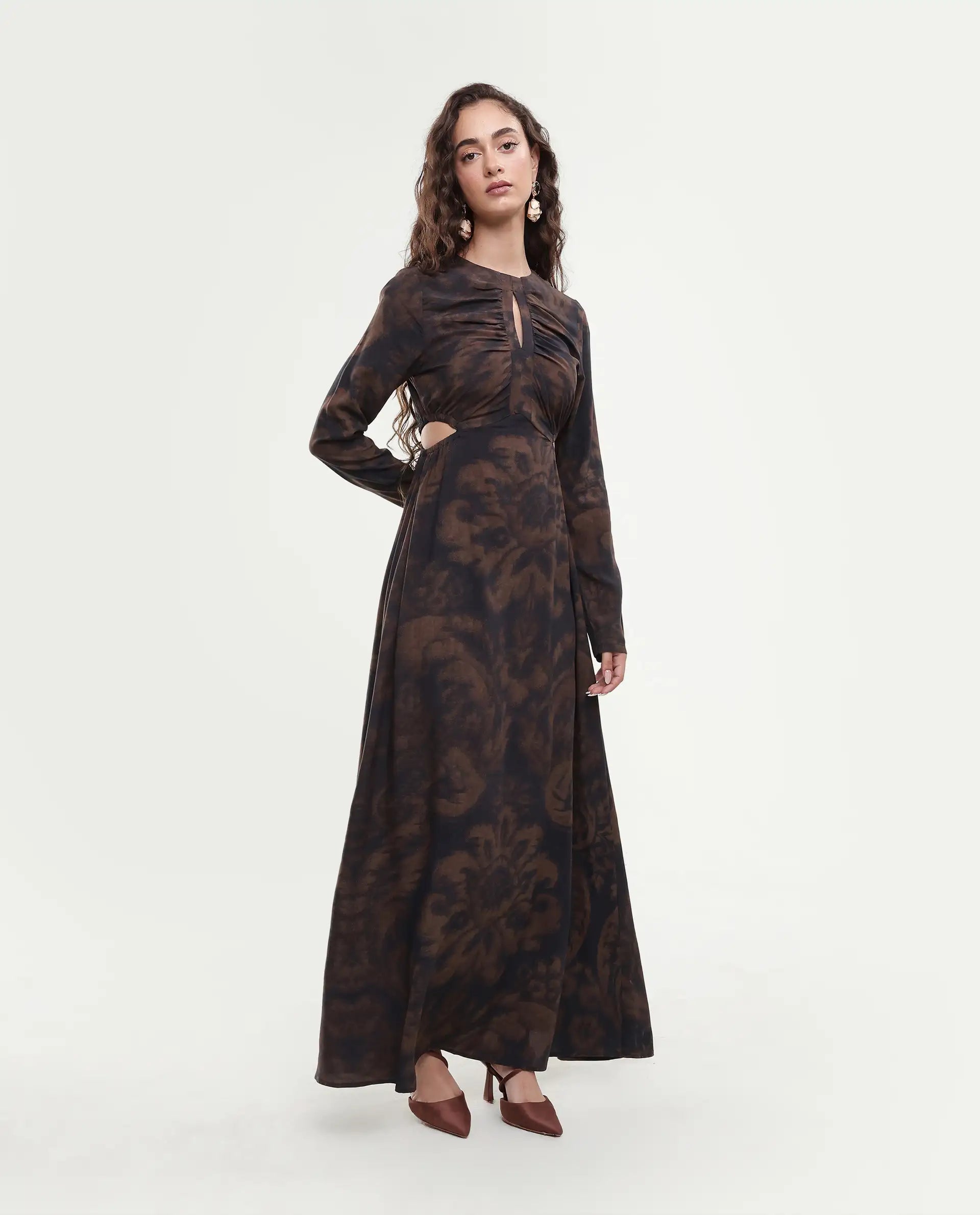 Rareism Women's Azor Dark Brown Viscose Fit & Flare Maxi Dress