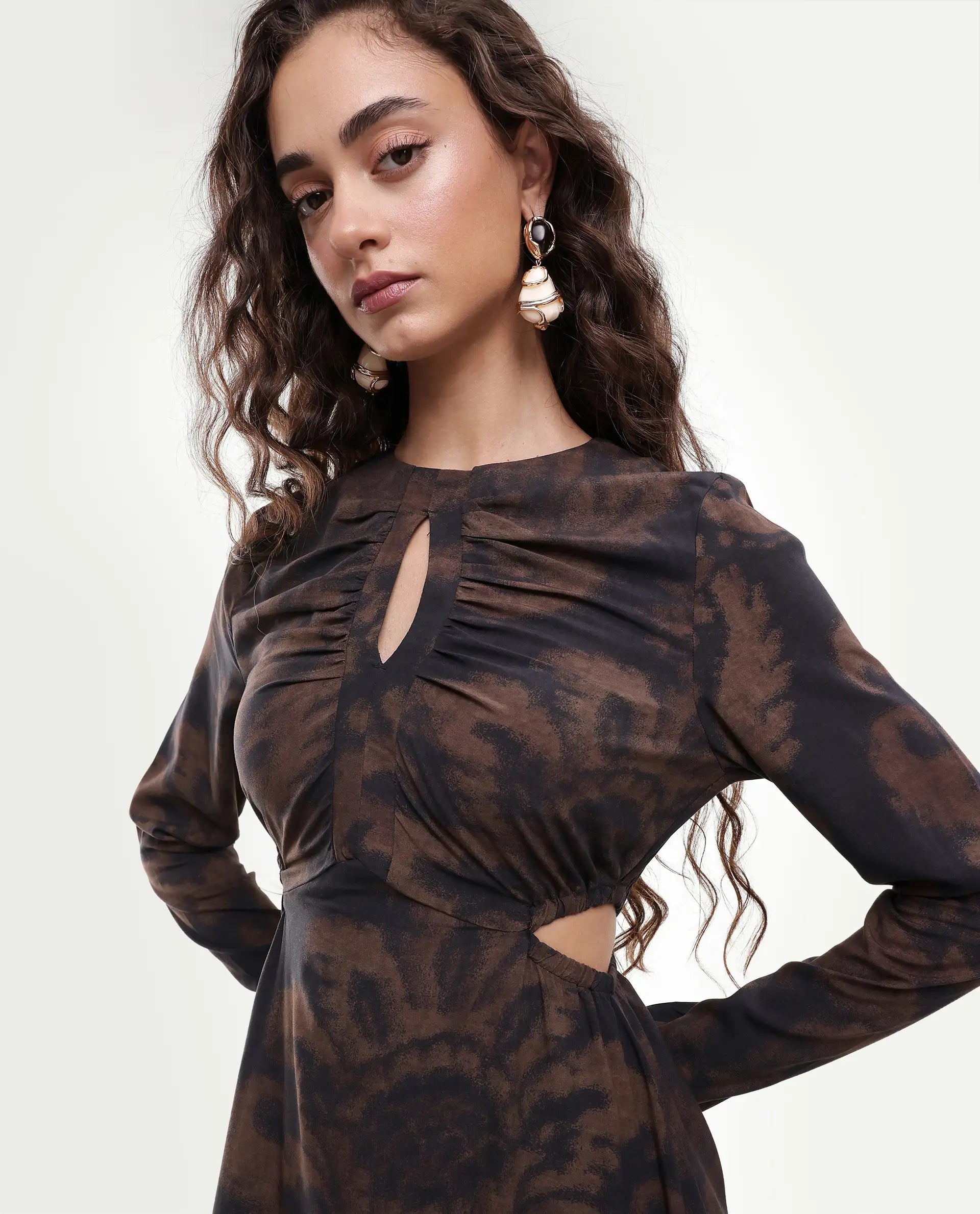 Rareism Women's Azor Dark Brown Viscose Fit & Flare Maxi Dress