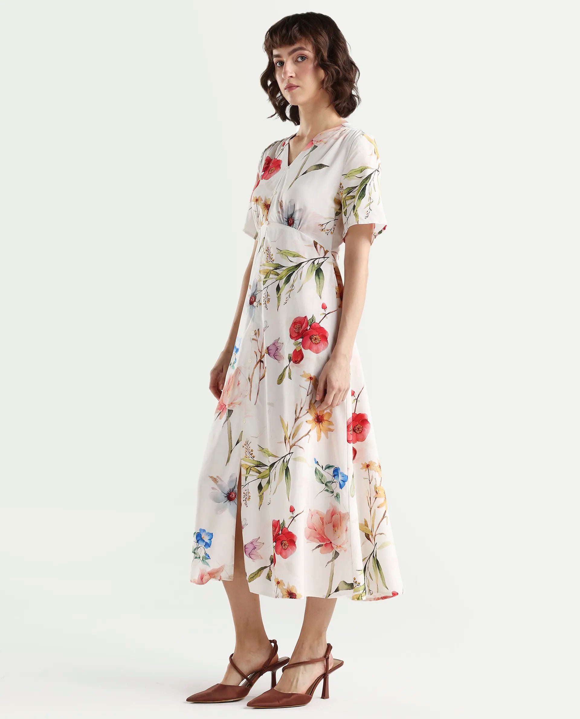 Rareism Women's Vanah Off White Viscose Half Sleeve V-Neck A-Line Floral Print Dress