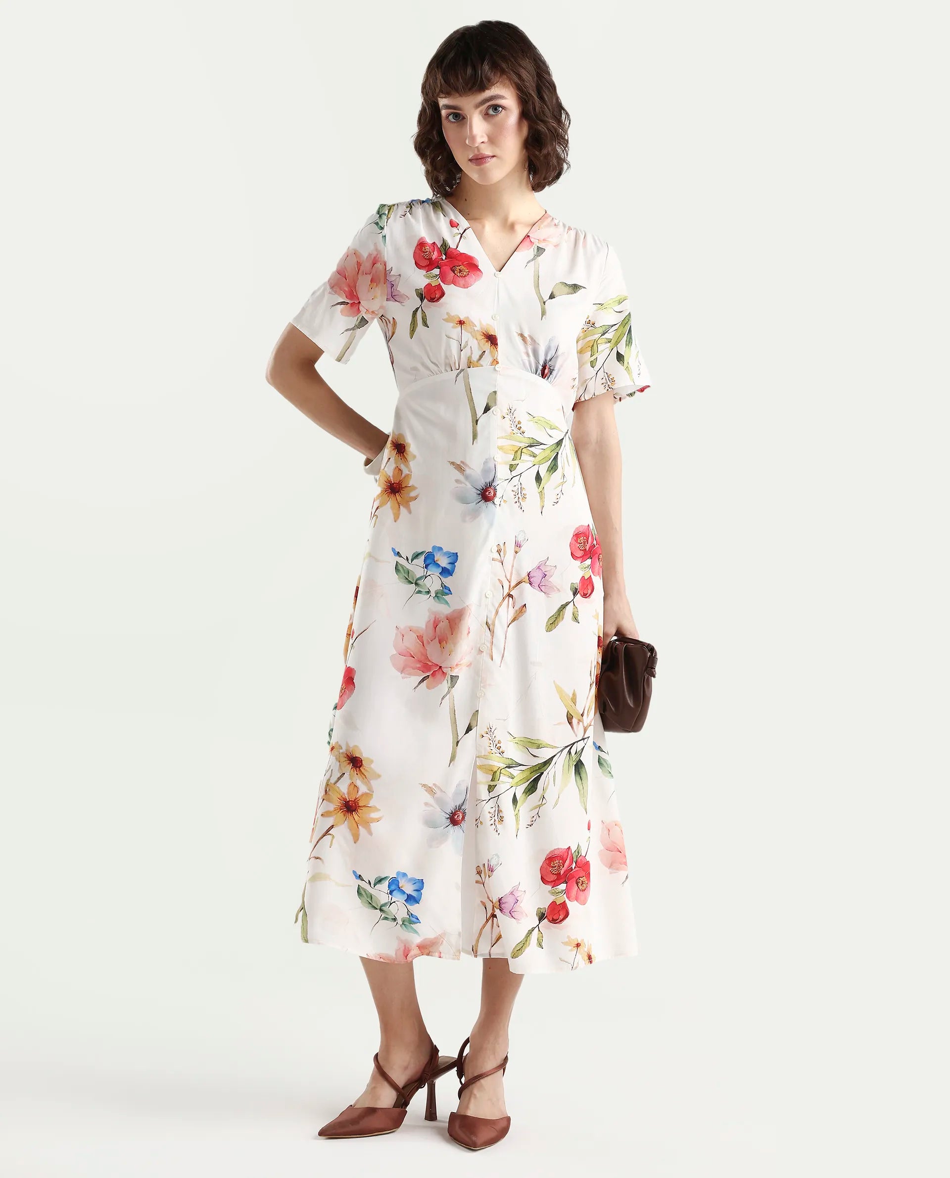 Rareism Women's Vanah Off White Viscose Half Sleeve V-Neck A-Line Floral Print Dress