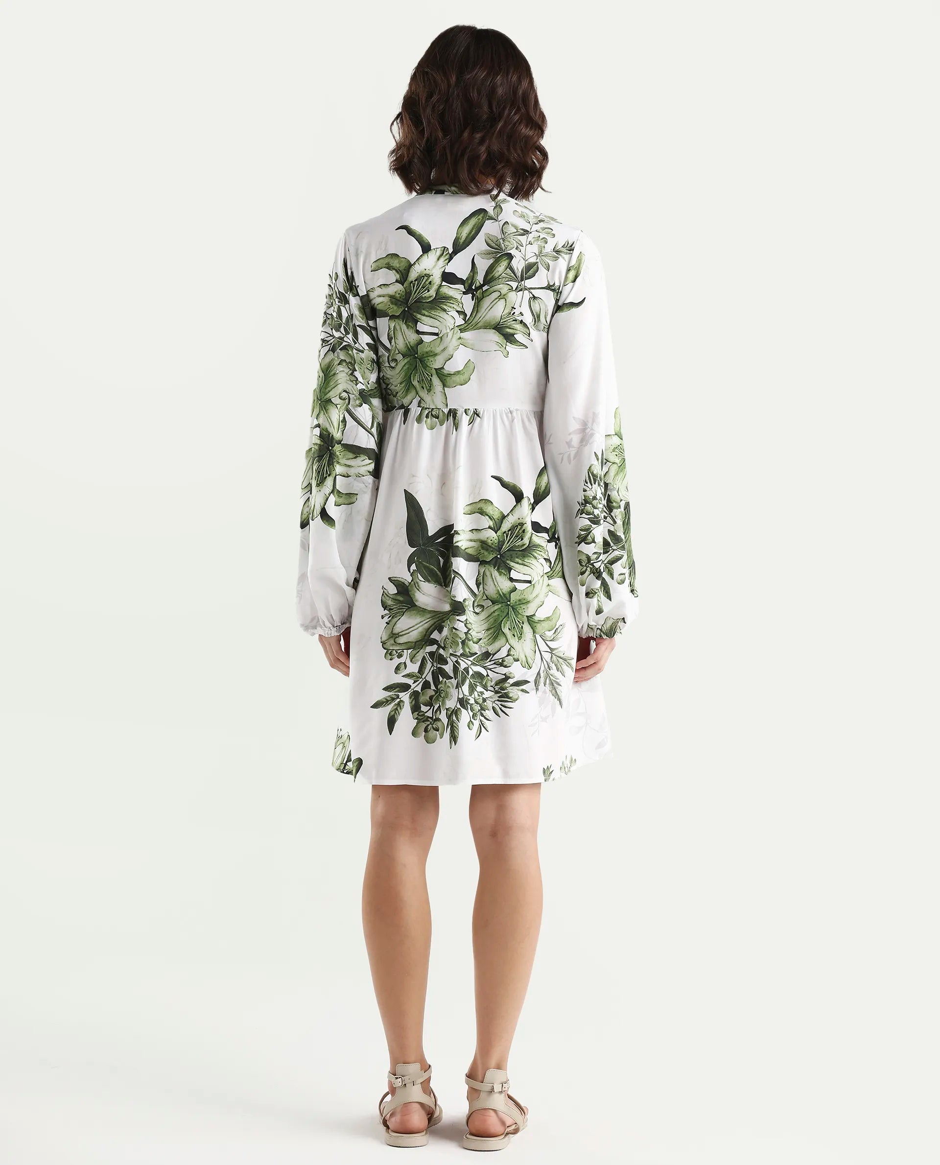 Rareism Women's Arote Off White Viscose Full Sleeve Band Collar Fit And Flare Floral Print Dress