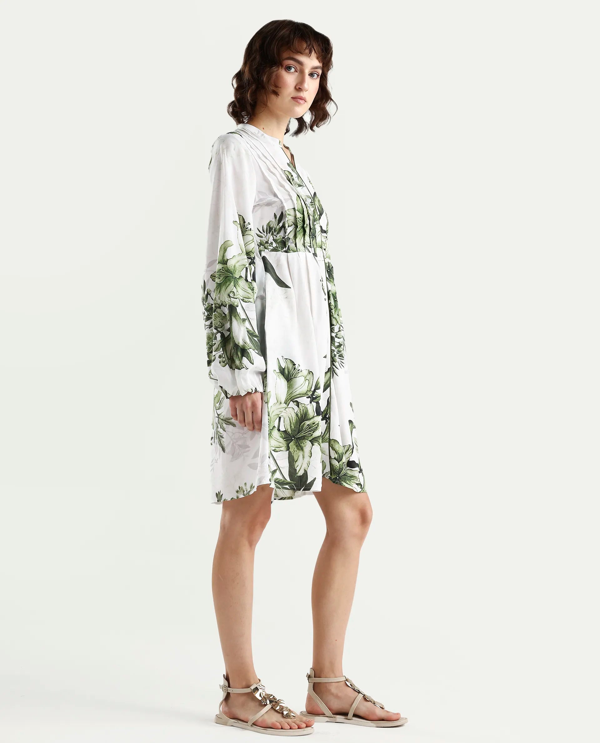 Rareism Women's Arote Off White Viscose Full Sleeve Band Collar Fit And Flare Floral Print Dress