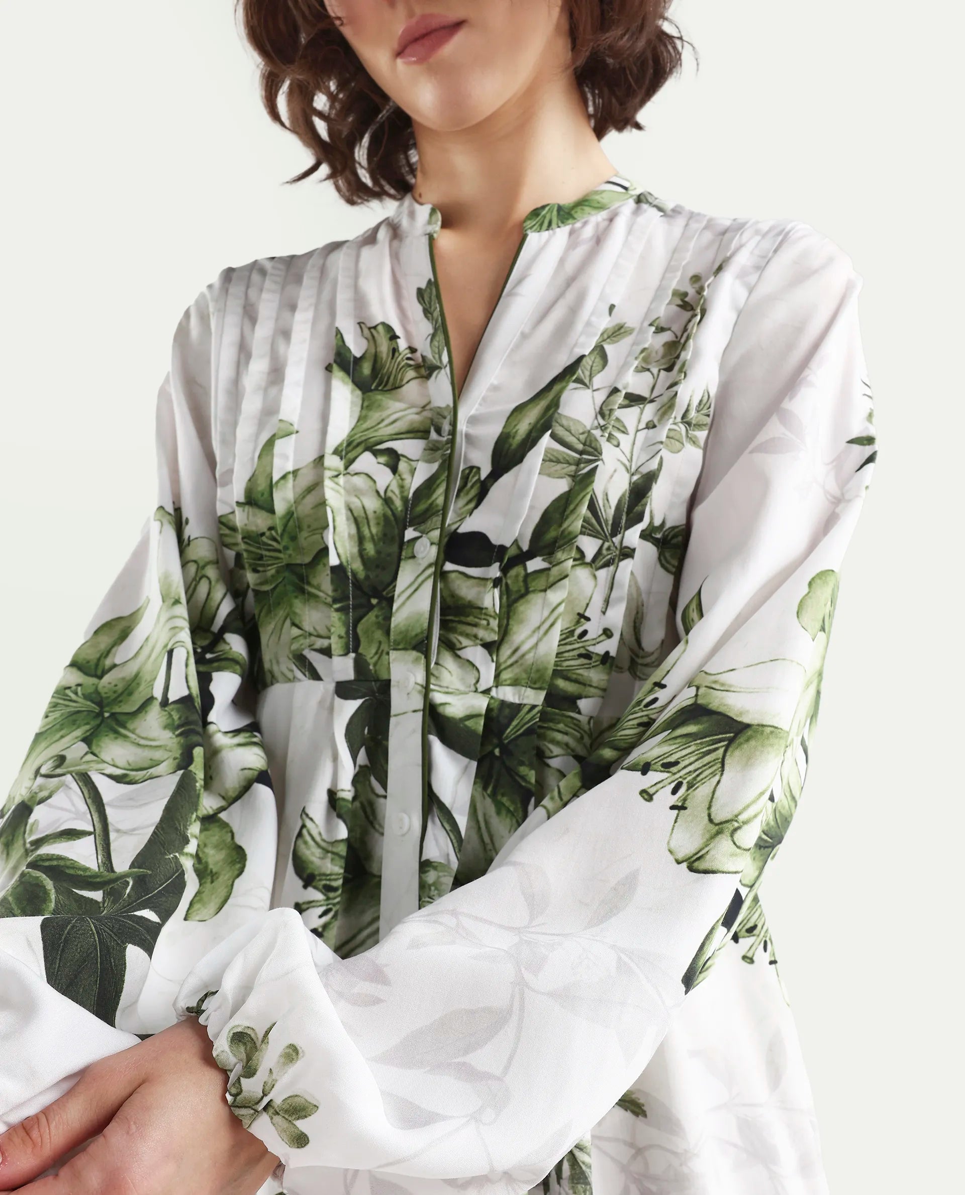 Rareism Women's Arote Off White Viscose Full Sleeve Band Collar Fit And Flare Floral Print Dress