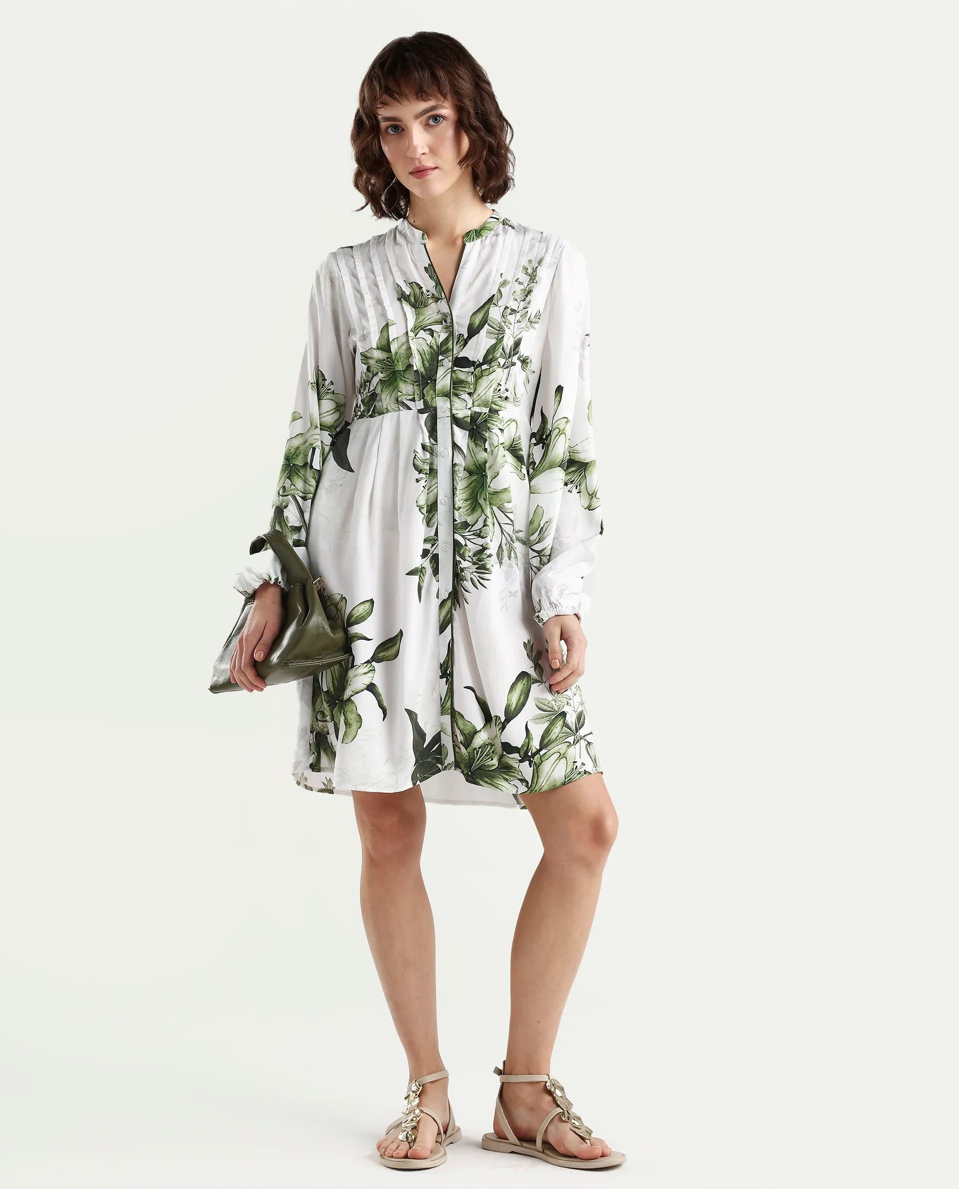 Rareism Women's Arote Off White Viscose Full Sleeve Band Collar Fit And Flare Floral Print Dress