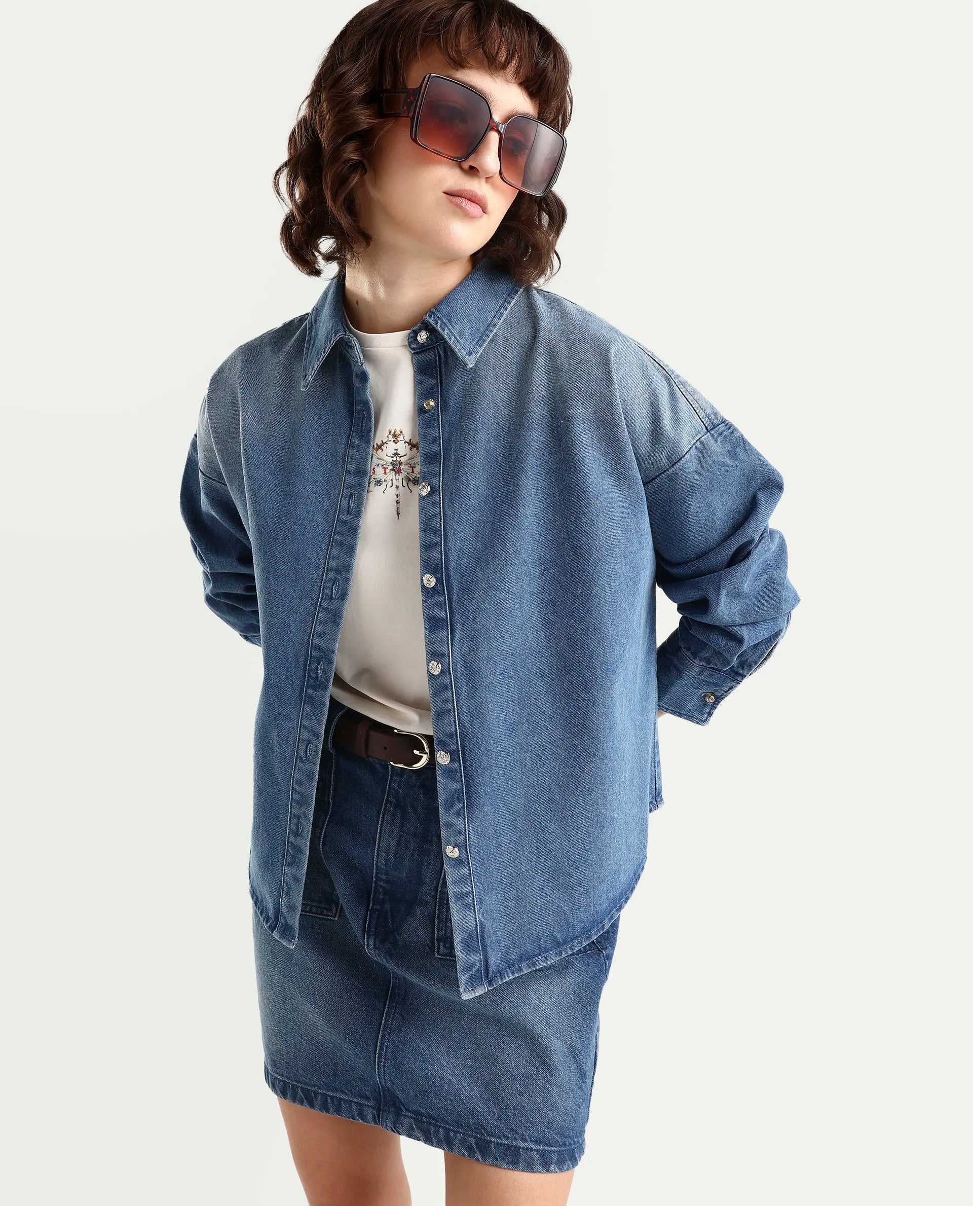 Rareism Women's Denjon Blue Full Sleeve Relaxed Fit Plain Shirt