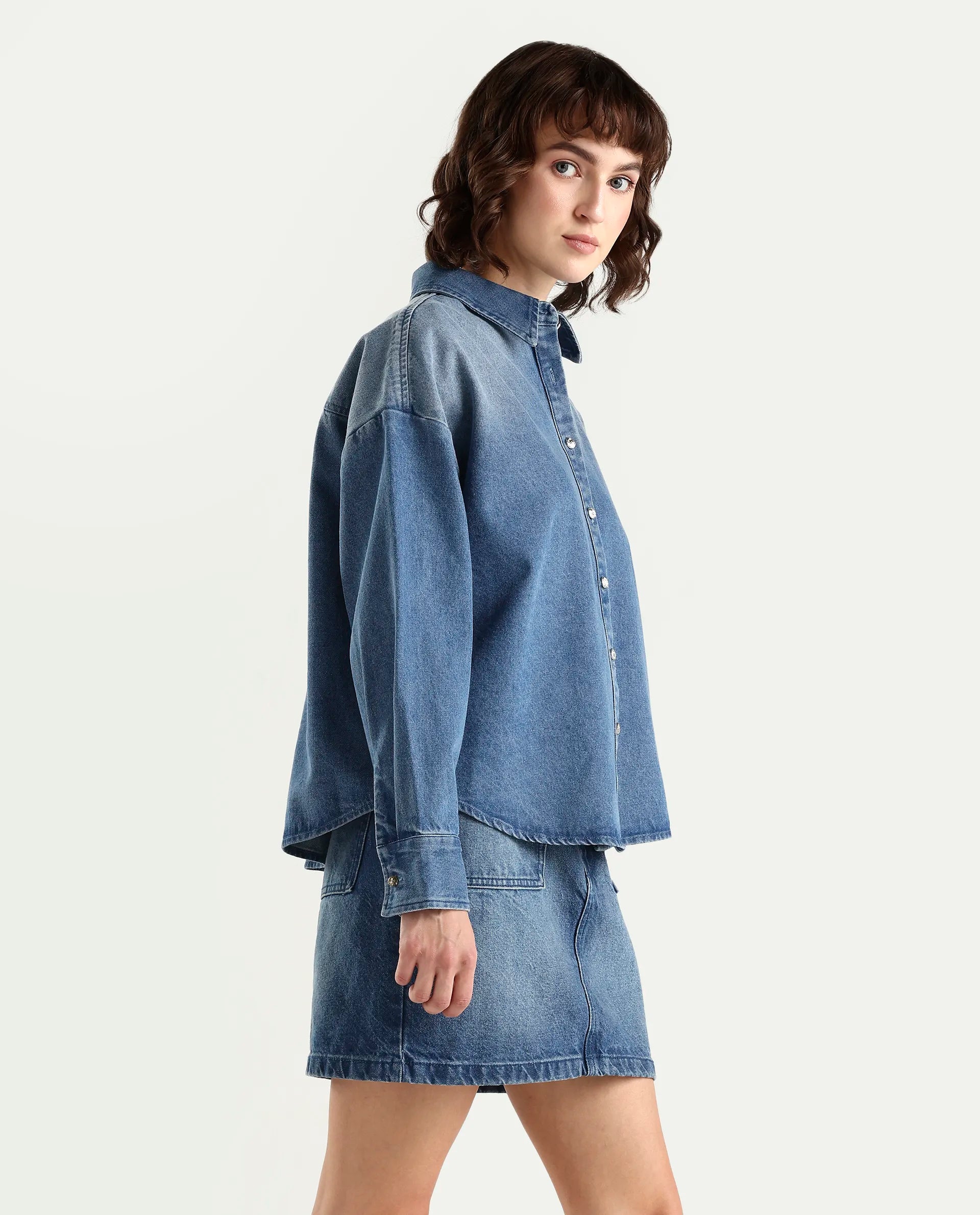 Rareism Women's Denjon Blue Full Sleeve Relaxed Fit Plain Shirt